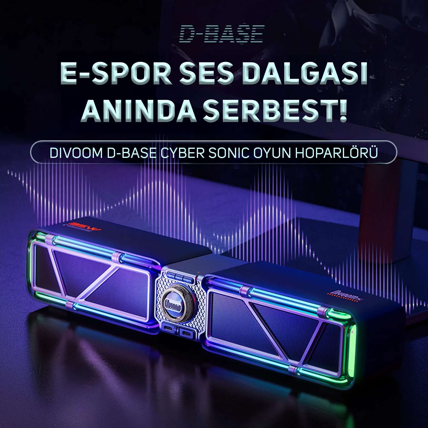 Mavi ve yeşil ışıklı bir Divoom hoparlör, e-spor sesini tanıtan Türkçe metinle birlikte sergileniyor.