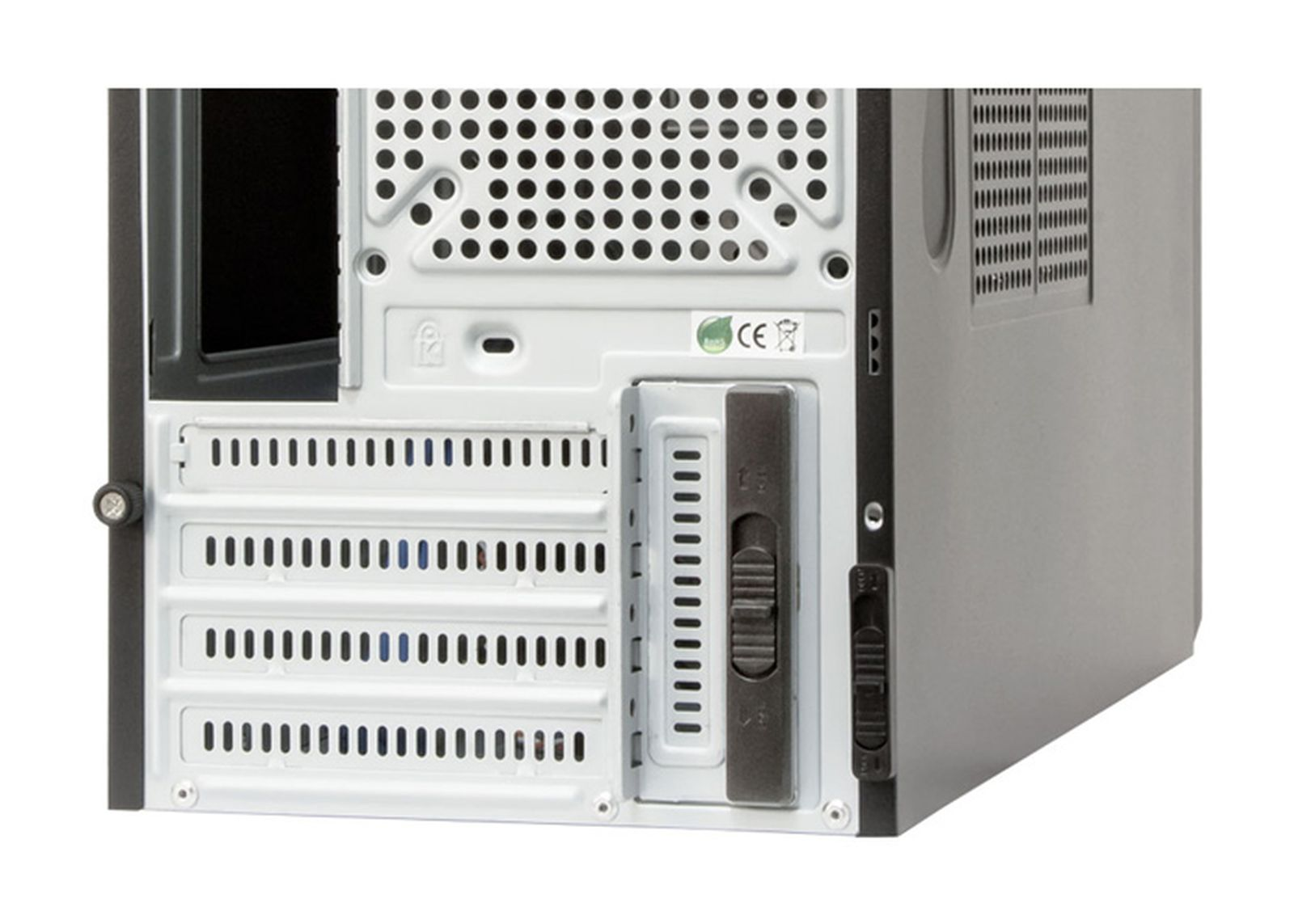 Vista posteriore di un case per computer. Ha più slot, un'area di alimentazione e fori di ventilazione.