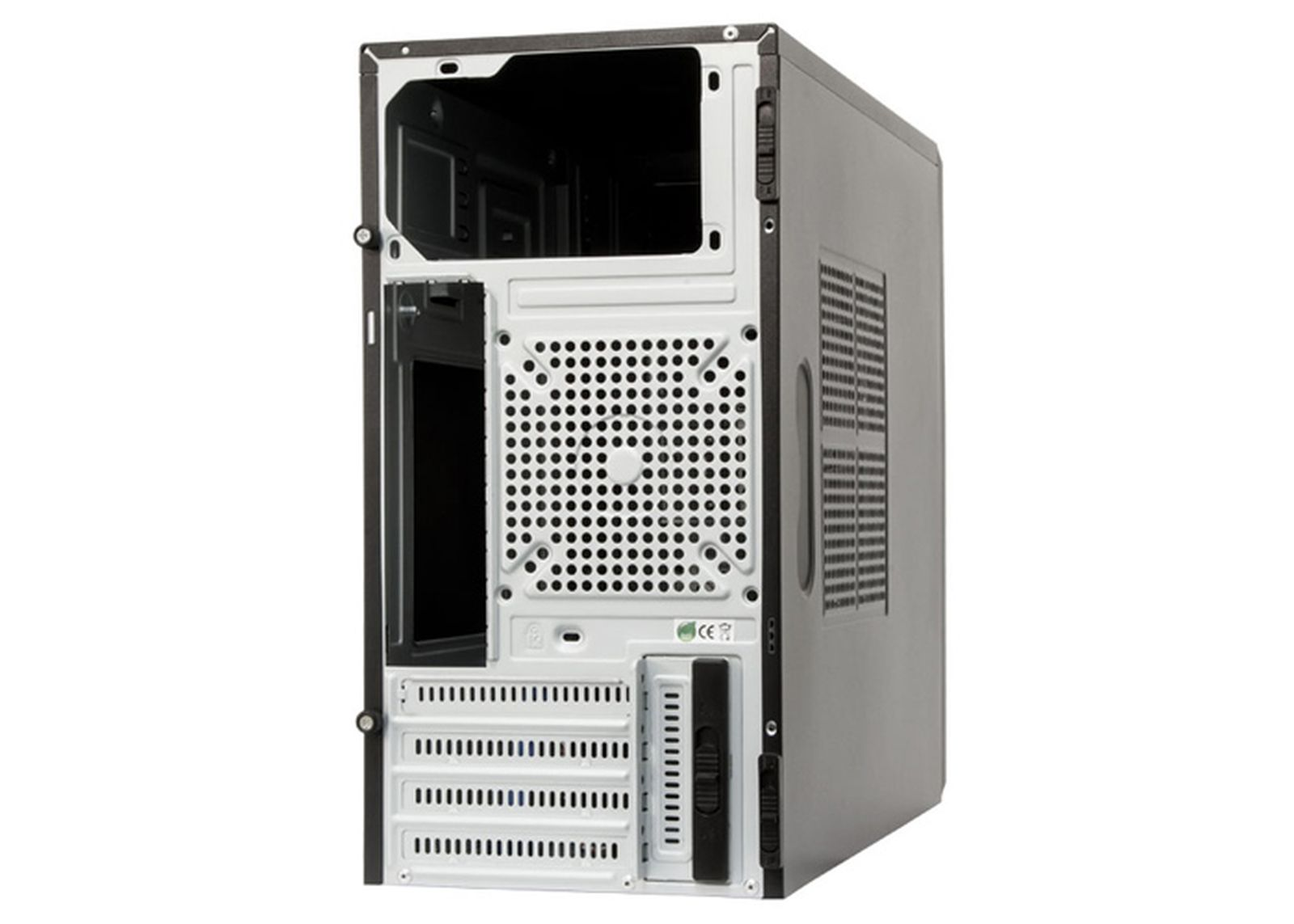 Viene mostrato un case per computer, con una cornice nera e un lato grigio. Ha prese d'aria, fori e aperture per i componenti.