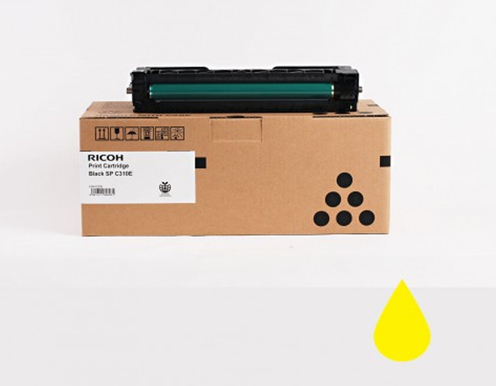 Una cartuccia di stampa è su una scatola di cartone con l'etichetta 'RICOH'. Un grafico a goccia giallo è nell'angolo in basso a destra.