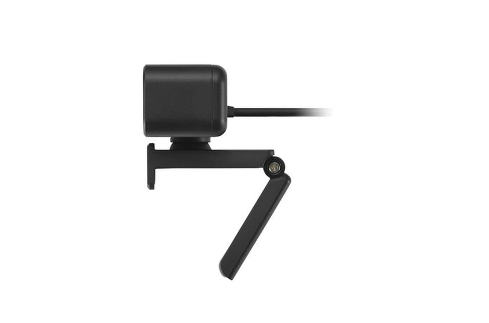 Czarna kamera internetowa z prostokątnym korpusem, regulowaną podstawą i kablem na białym tle.