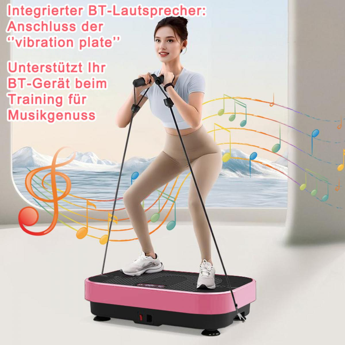 Eine Frau trainiert auf einer rosa Vibrationsplatte und hält Widerstandsbänder. Noten sind im Hintergrund. Die Platte hat eine schwarze Oberseite.