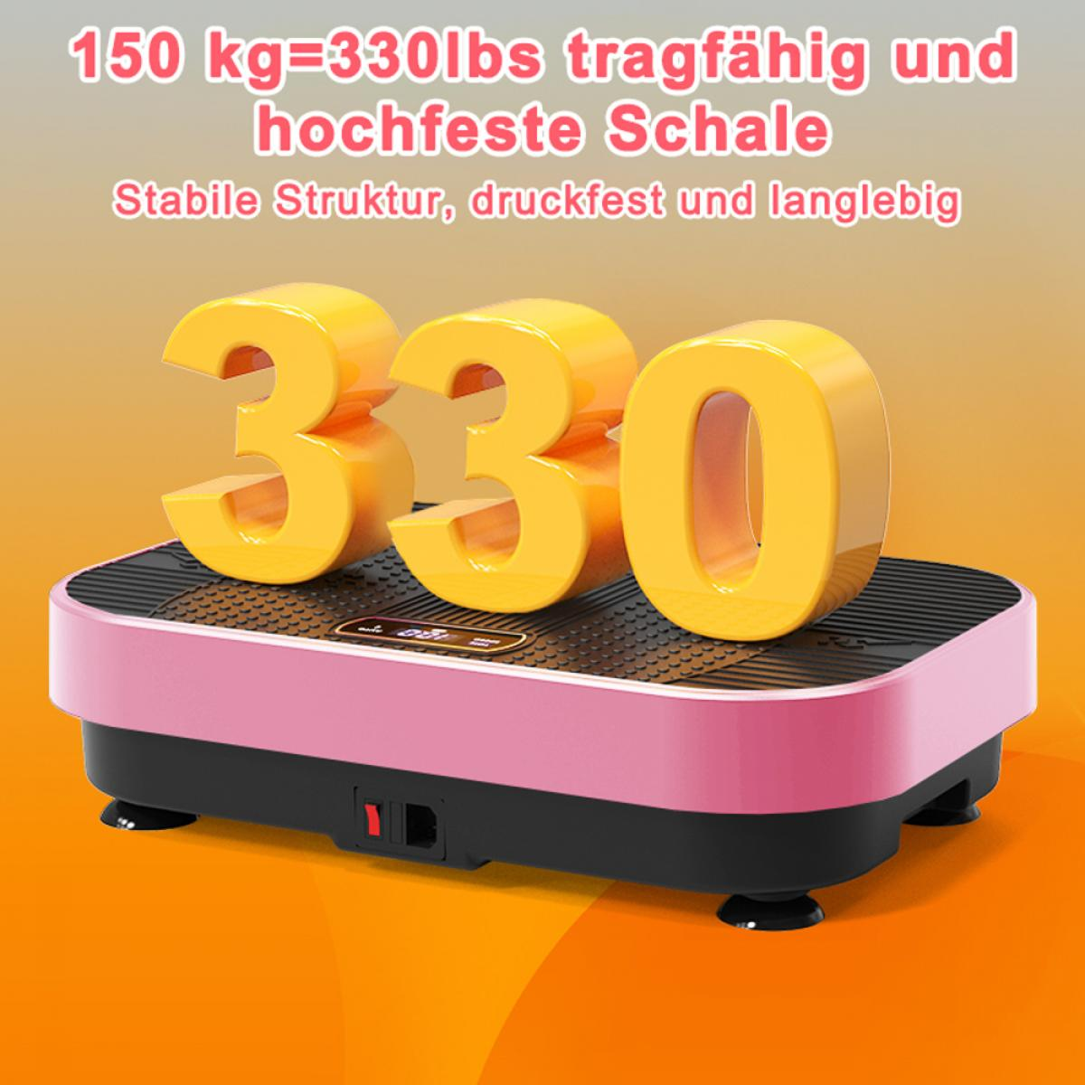 Eine rosa und schwarze Vibrationsplatte mit der gelben Zahl 330 oben drauf. Der Text oben lautet '150 kg=330lbs'.