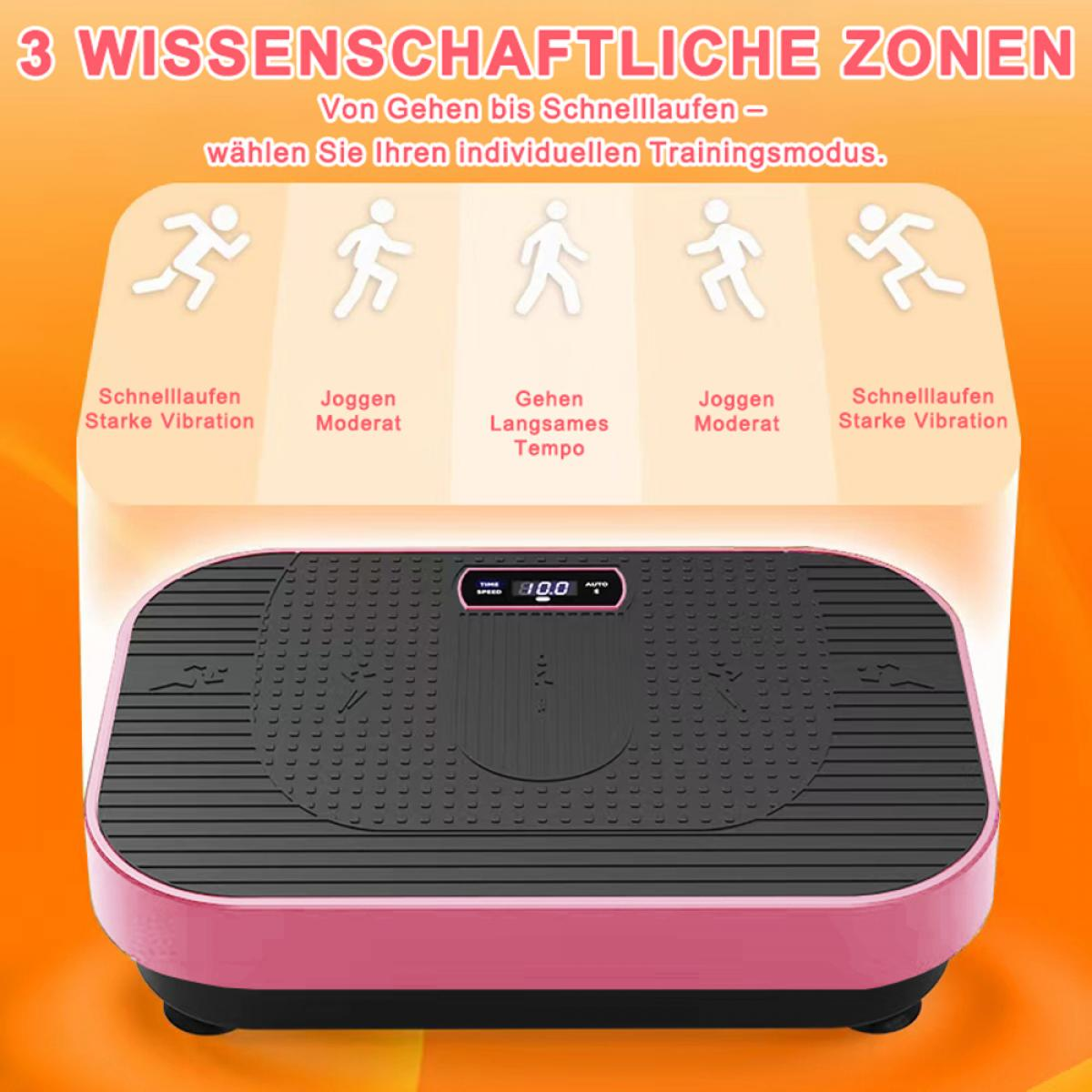 Rosa-schwarze Vibrations-Fitnessplattform mit Bedienfeld. Icons zeigen Lauf- und Gehmodi, mit deutschem Text.