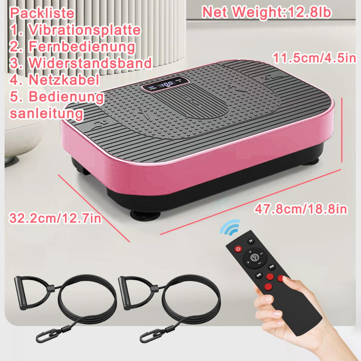 Eine rosa und schwarze Vibrationsplatte mit Fernbedienung, Widerstandsbändern und einer Artikelliste.