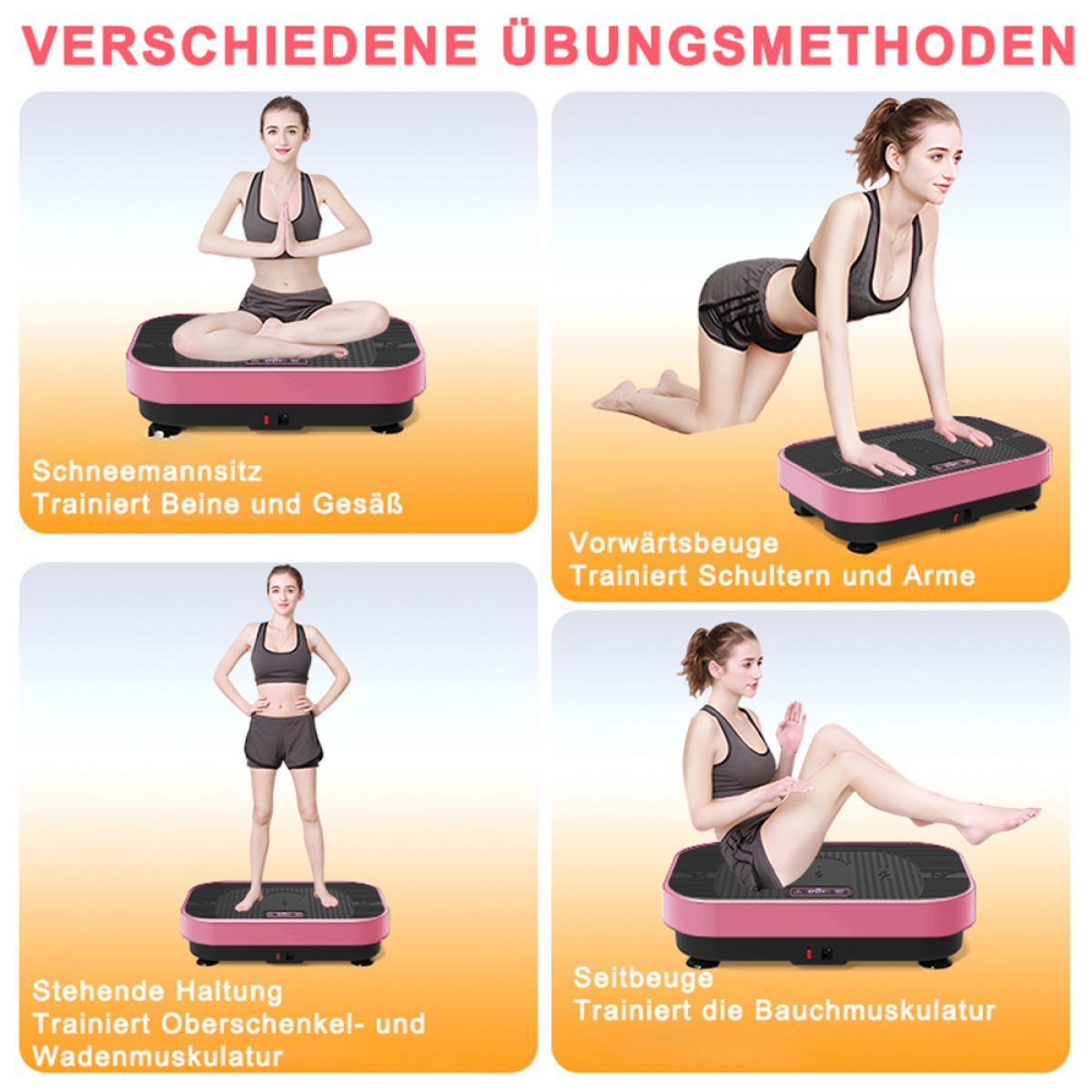 Vier Frauen demonstrieren Übungen auf Vibrationsplattformen: Lotus-Pose, Vorbeuge, Stehen und Seitbeuge.