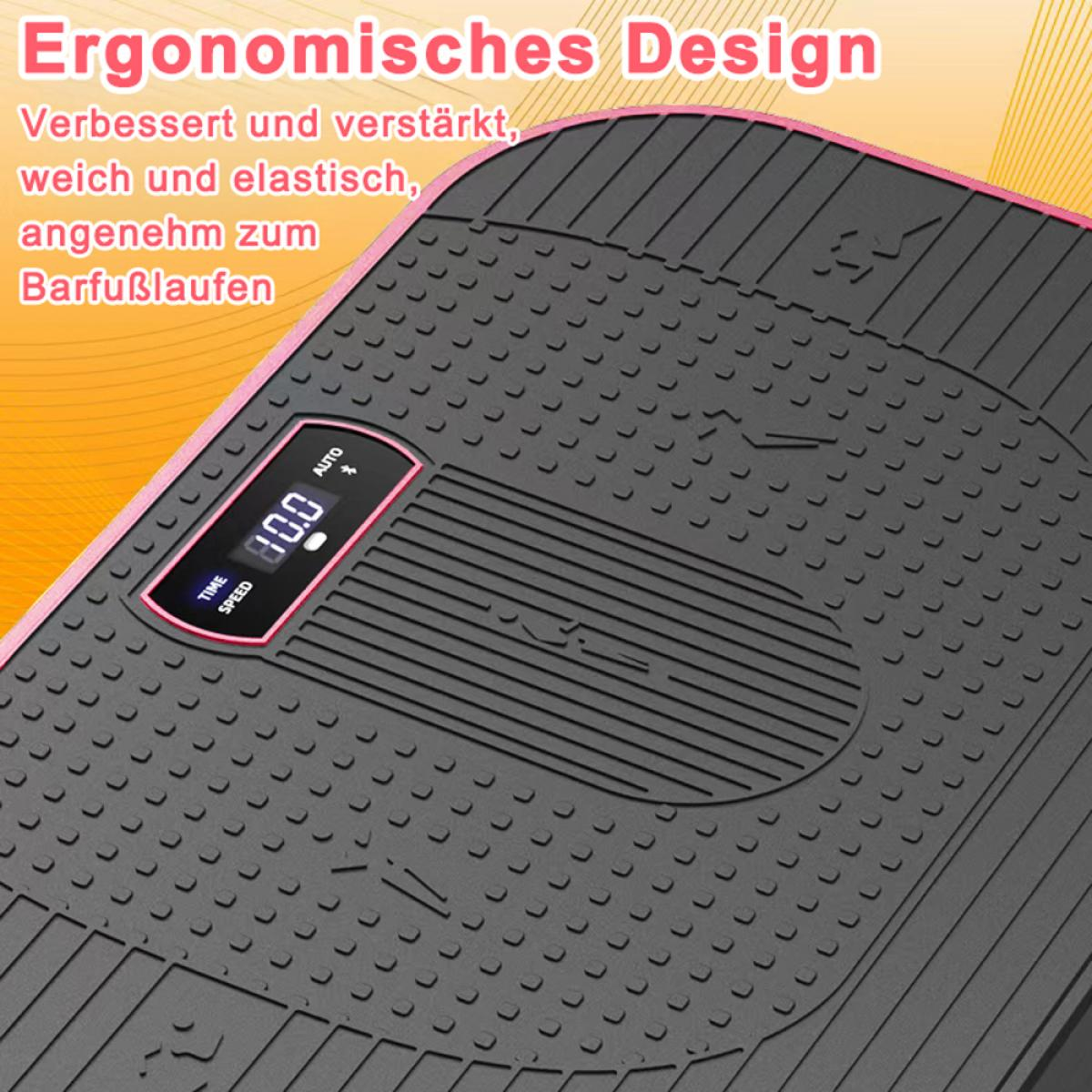 Nahaufnahme einer schwarzen Trainingsplattform mit Digitalanzeige '80.0'. Text auf Deutsch beschreibt ergonomisches Design.