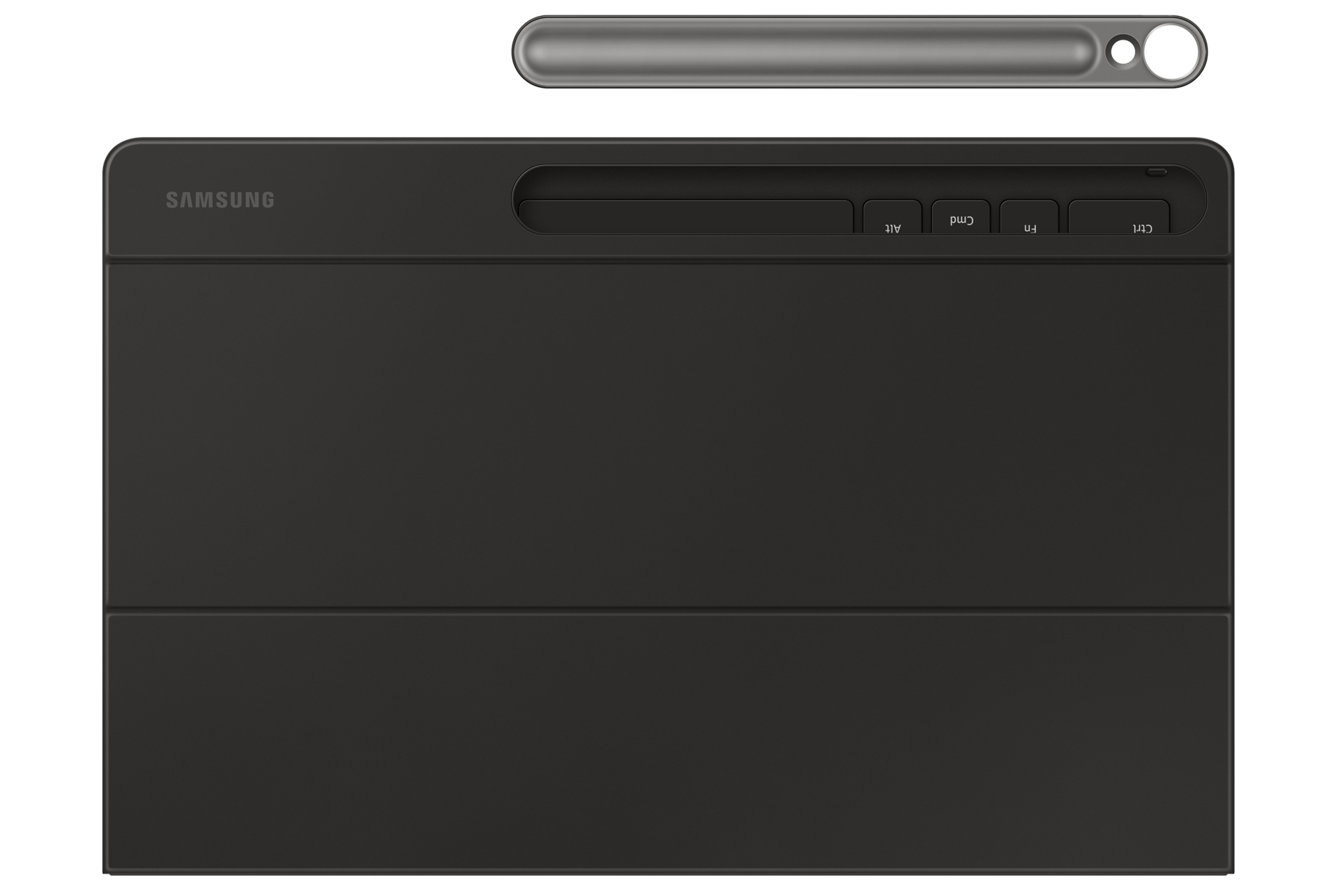 Schwarze Samsung Tablet-Tastatur mit silbernem Stift. Die Tastatur hat Funktionstasten und das Samsung-Logo. Der Stift hat ein Loch.