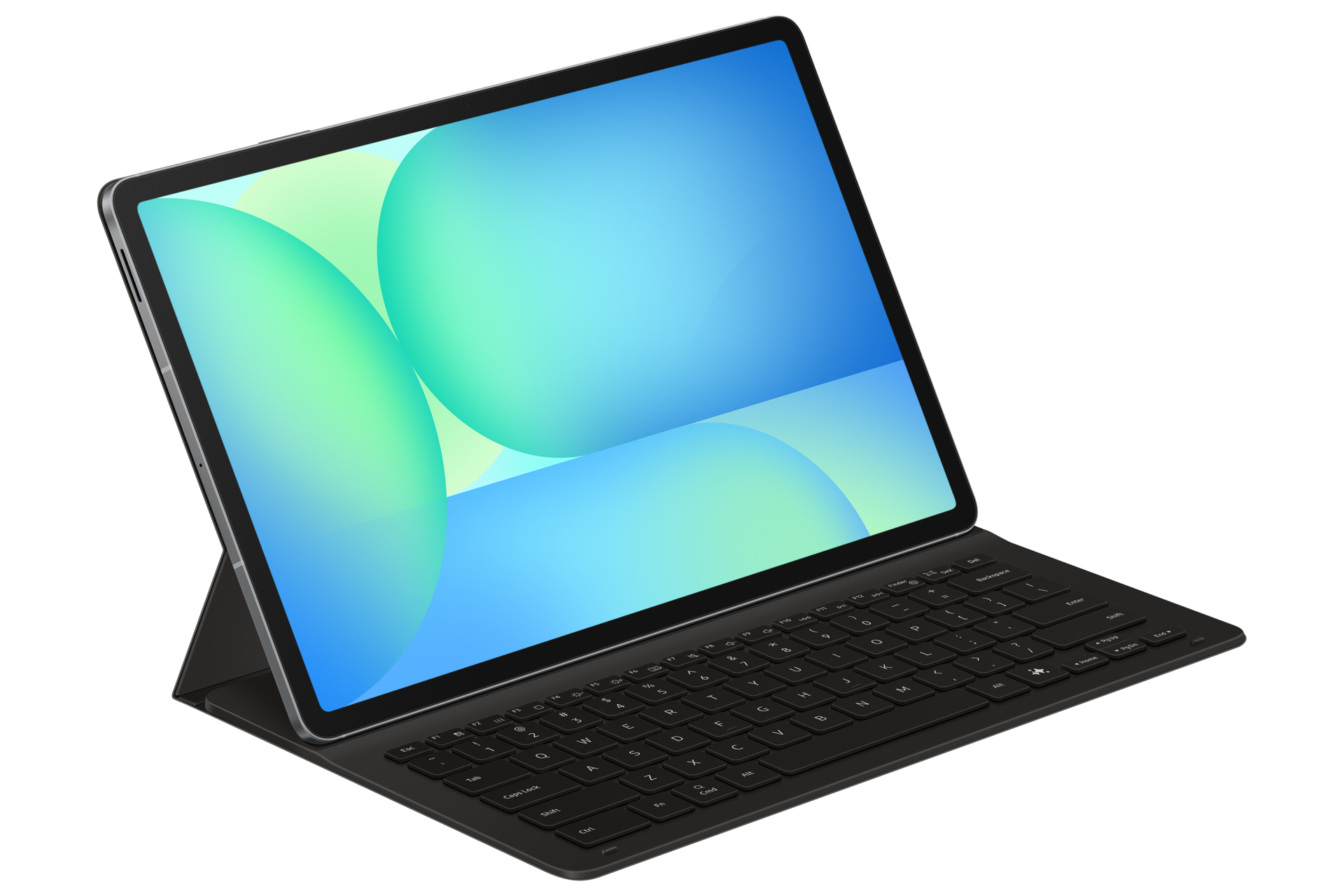 Tablet mit Tastatur. Der Bildschirm zeigt einen blau-grünen Farbverlauf. Die Tastatur ist schwarz.