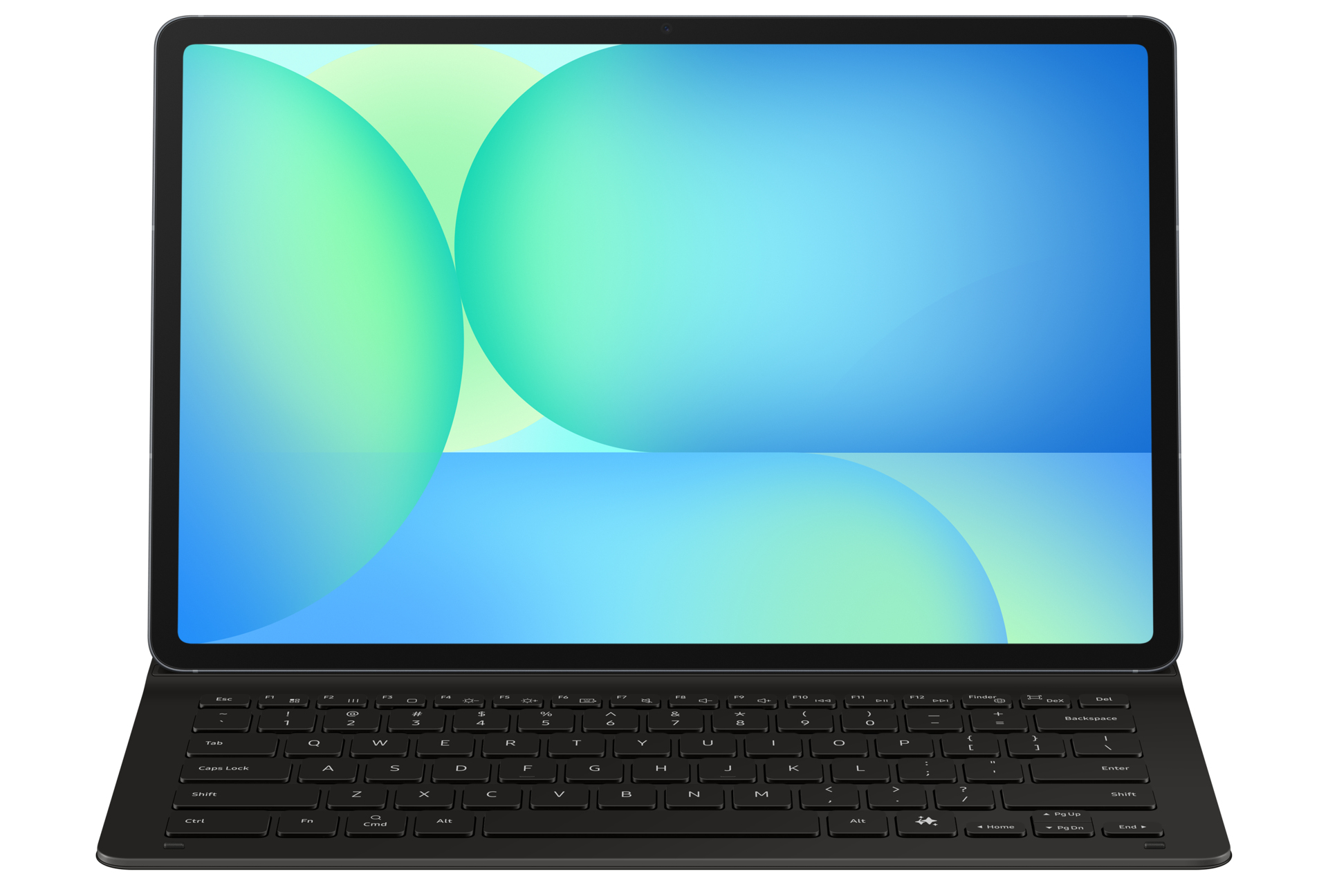 Ein Tablet mit angeschlossener schwarzer Tastatur. Der Bildschirm zeigt einen bunten Farbverlauf. Die Tastatur ist schwarz.