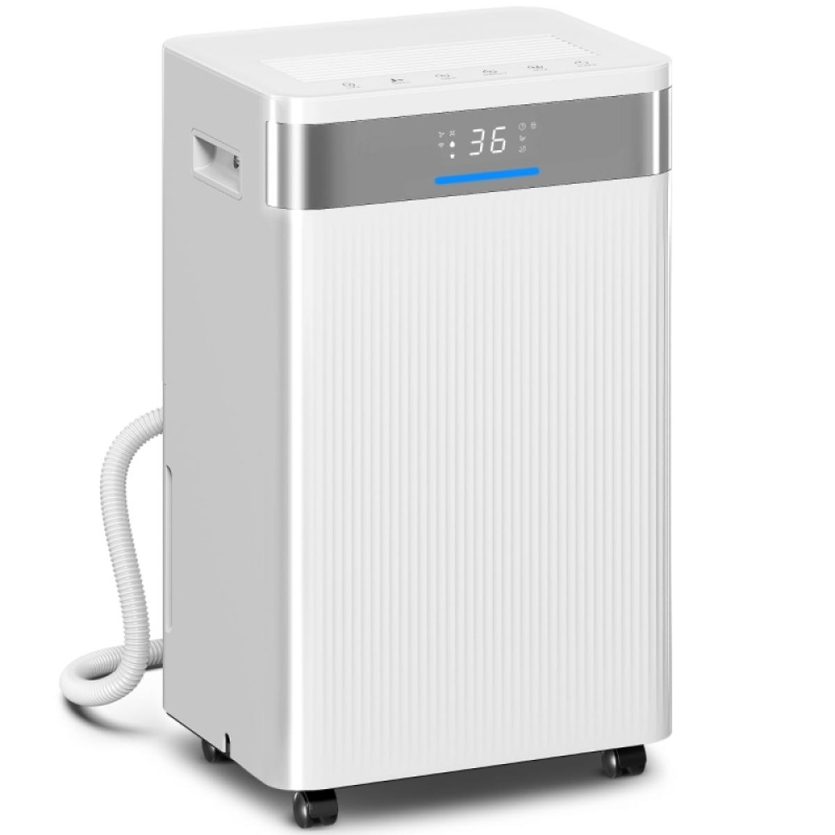 Ein weißer Klimaanlage mit digitaler Anzeige '36'. Es hat eine geriffelte Front, Räder und einen flexiblen Schlauch.