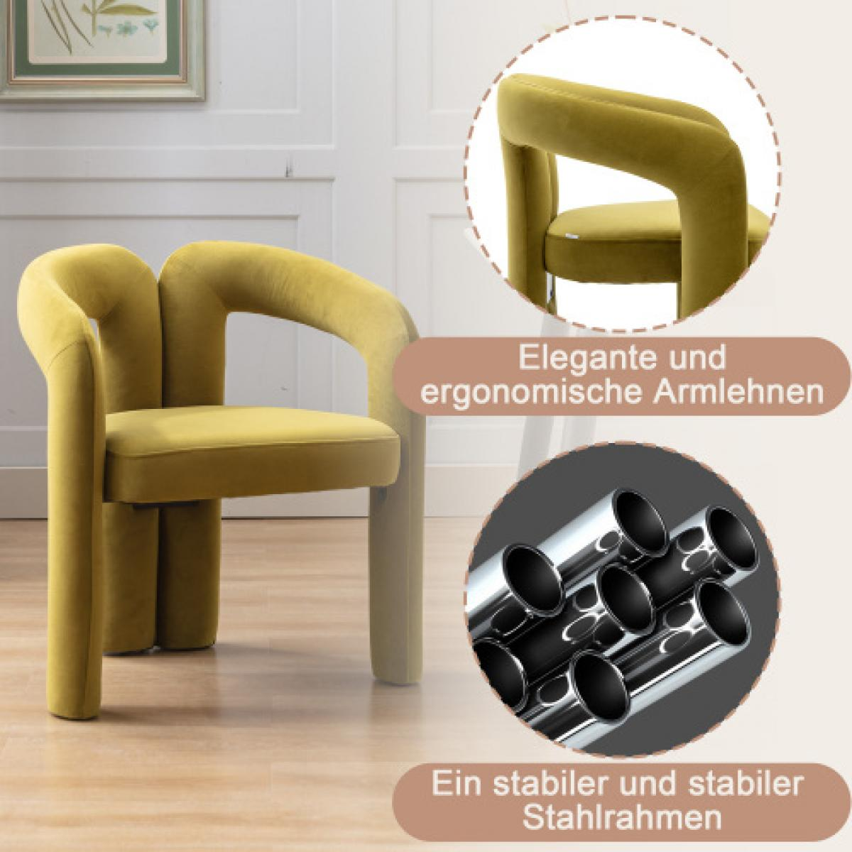 Ein gelber Stuhl mit geschwungenen Armen und Beinen. Details des Stuhls und ein Metallrahmen sind zu sehen.