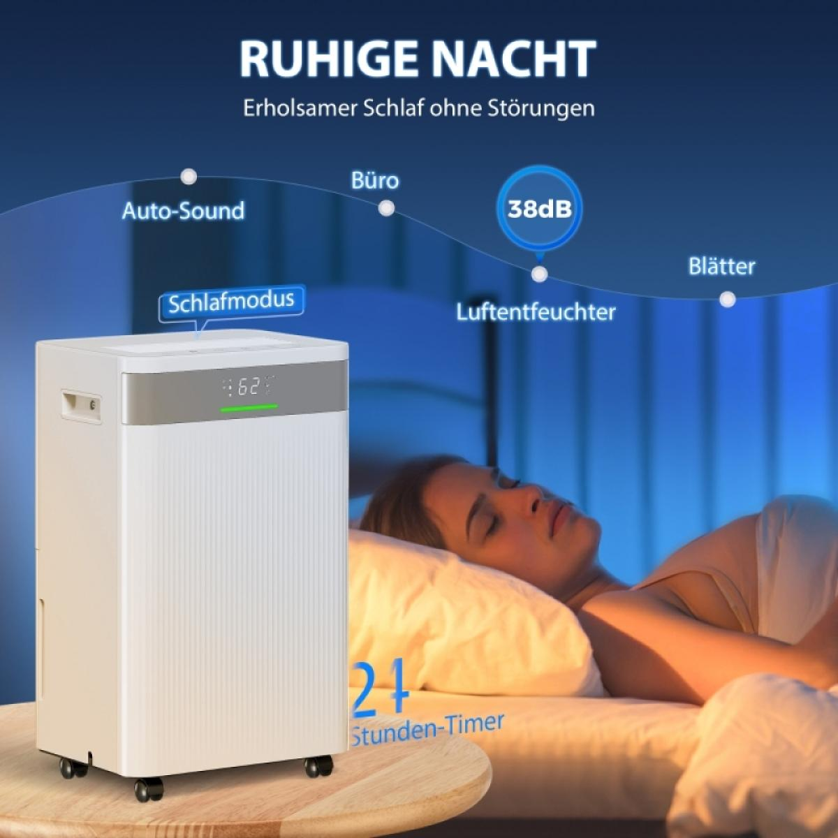 Eine Frau schläft im Bett. Ein weißer Luftreiniger steht daneben. Text erwähnt 'ruhige Nacht', 'Schlafmodus' und '24-Stunden-Timer'.