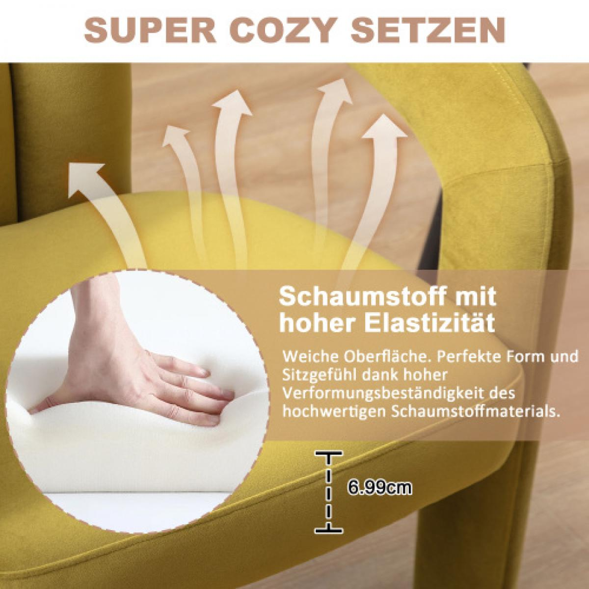 Eine Hand drückt auf ein gelbes Stuhlkissen und demonstriert seine Weichheit. Text auf Deutsch beschreibt die Schaumstoffelastizität und Form.