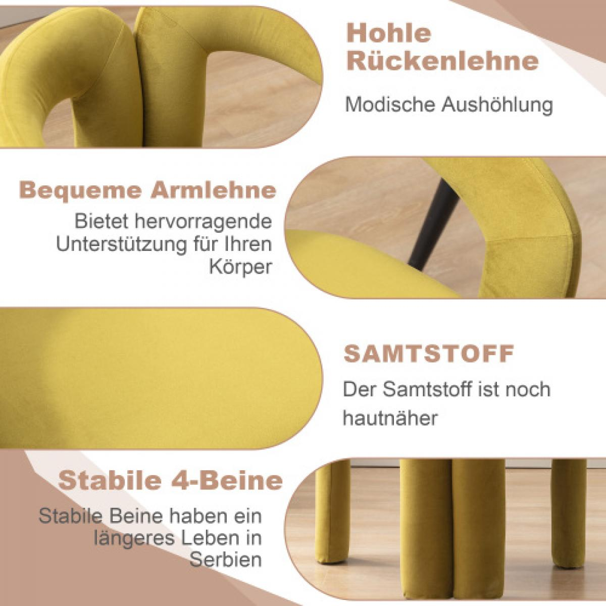 Ein gelber Stuhl mit geschwungenen Armlehnen und Rückenlehne. Text hebt Armlehnen, 4 Beine und Samtstoff hervor. Der Stuhl wirkt modern.