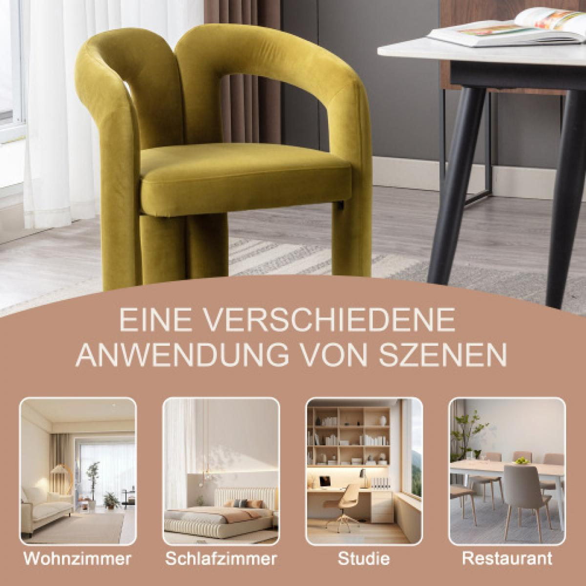 Ein olivgrüner Stuhl mit gebogenen Armlehnen. Rechts ist ein Tisch. Darunter vier Raumszenen: Wohnzimmer, Schlafzimmer, Arbeitszimmer und Restaurant.