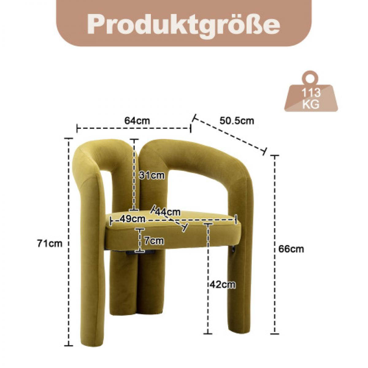 Ein senffarbener Stuhl mit Maßangaben. Der Stuhl hat gebogene Arme und Beine. Gewicht und Produktgröße sind ebenfalls angegeben.