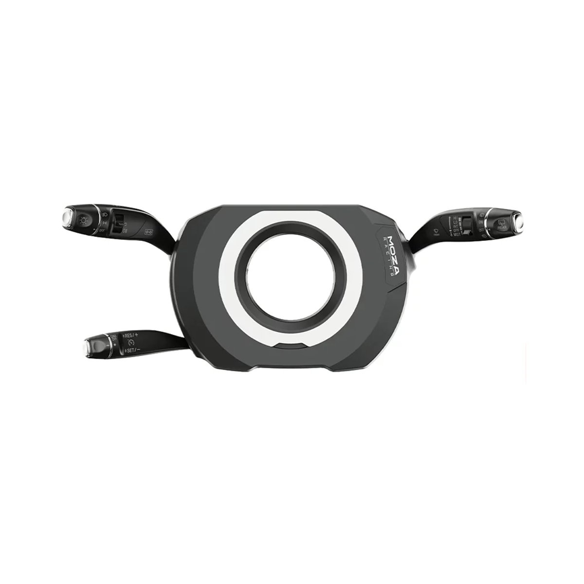 Een stuurwielcontroller met zwart-witte accenten. Het heeft verschillende hendels en knoppen voor diverse voertuigfuncties.