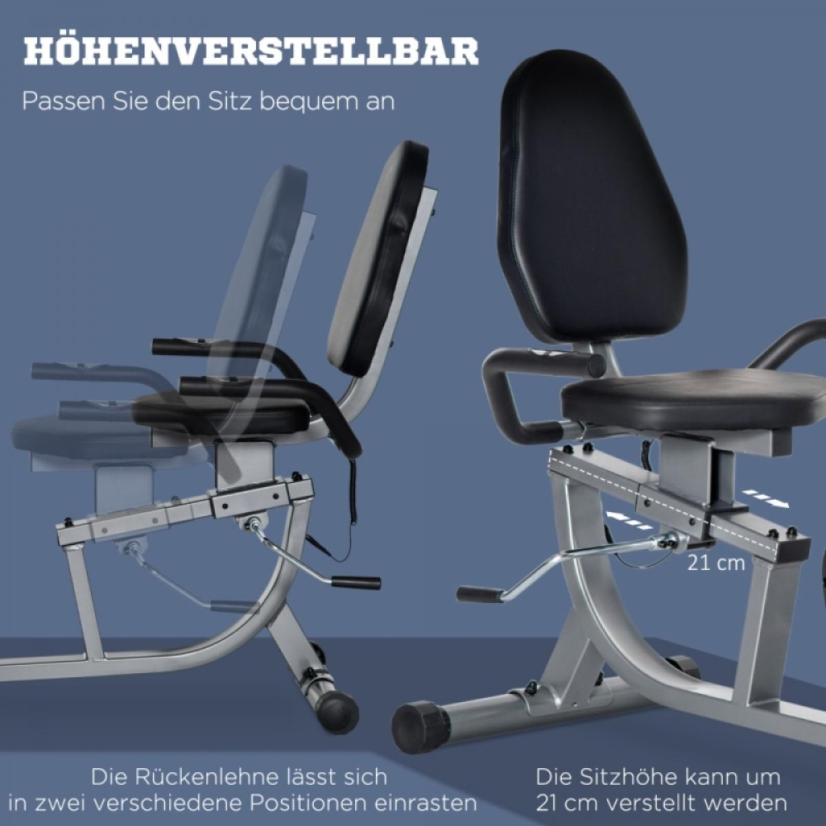 Ein Trainingsfahrrad mit verstellbarer Sitzhöhe und Rückenlehnenpositionen. Text erklärt die Verstellbarkeit mit Messungen.