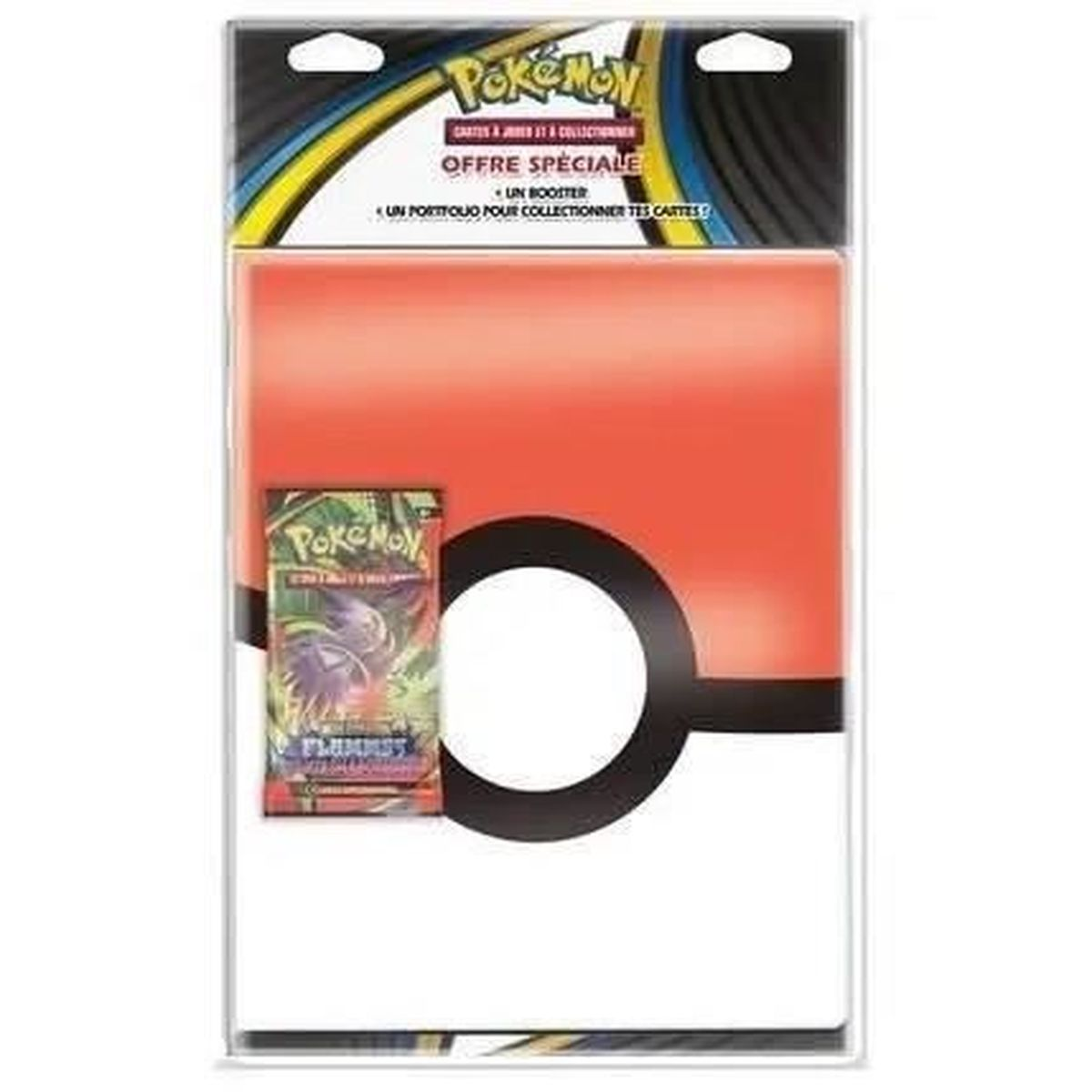 Ein Pokemon-Kartenset, rot-weißes Design. Enthält ein Boosterpack und ein Portfolio zum Sammeln von Karten. Text auf Französisch.