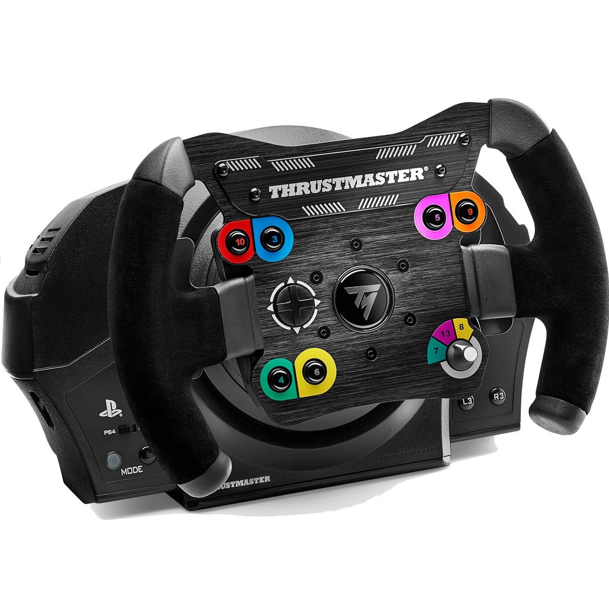 Un volant de course Thrustmaster pour PS4. Il possède des boutons colorés, un pavé directionnel et un bouton mode.