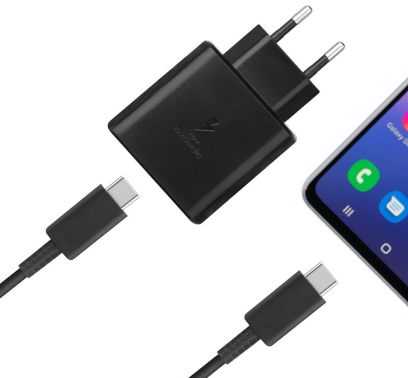 Caricabatterie Samsung nero, cavi USB-C e telefono con schermata app su sfondo bianco. Logo ricarica rapida visibile.