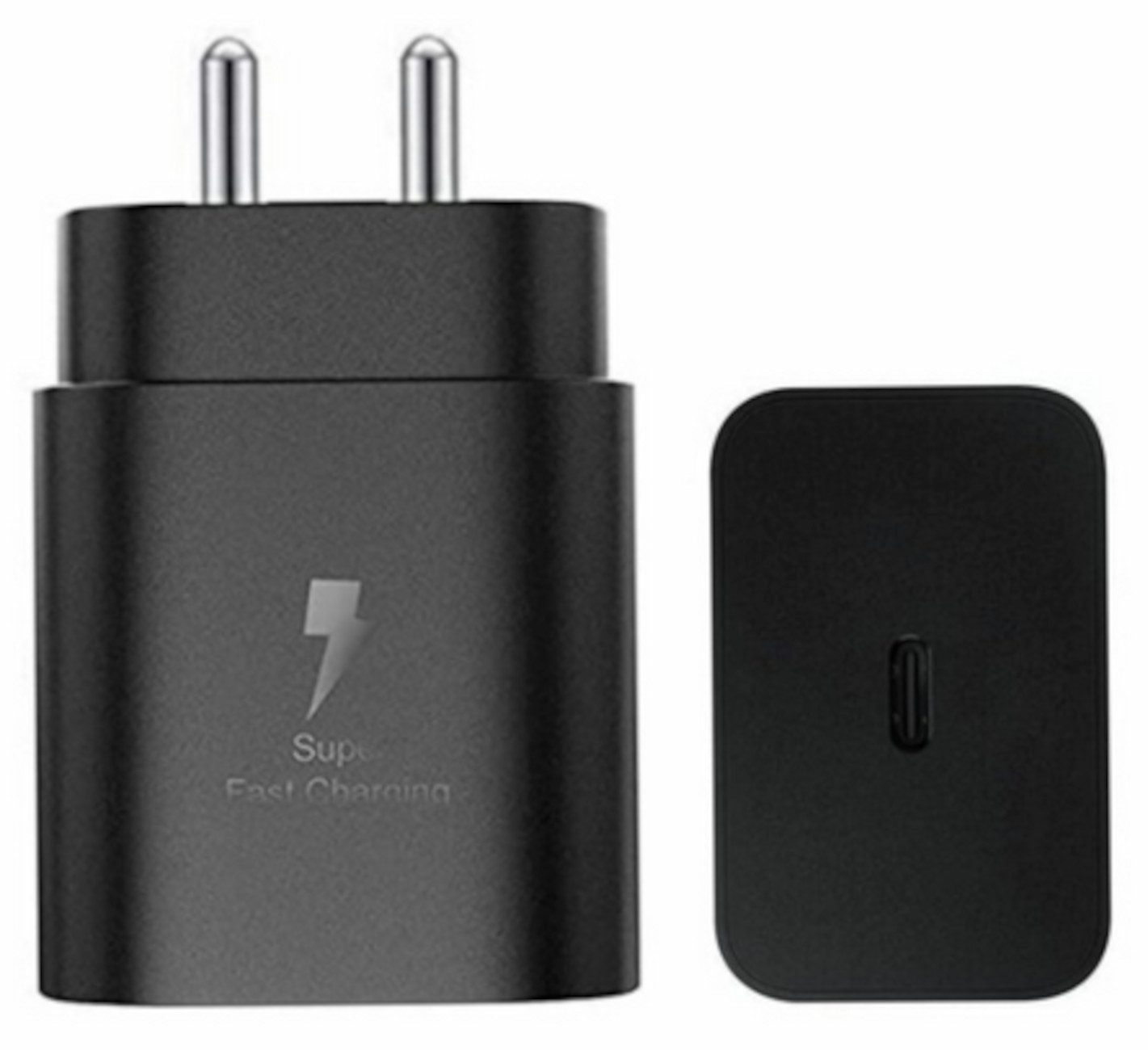 Caricabatterie per telefono nero con due spine e una porta USB-C. Ha un simbolo a fulmine per la ricarica rapida.