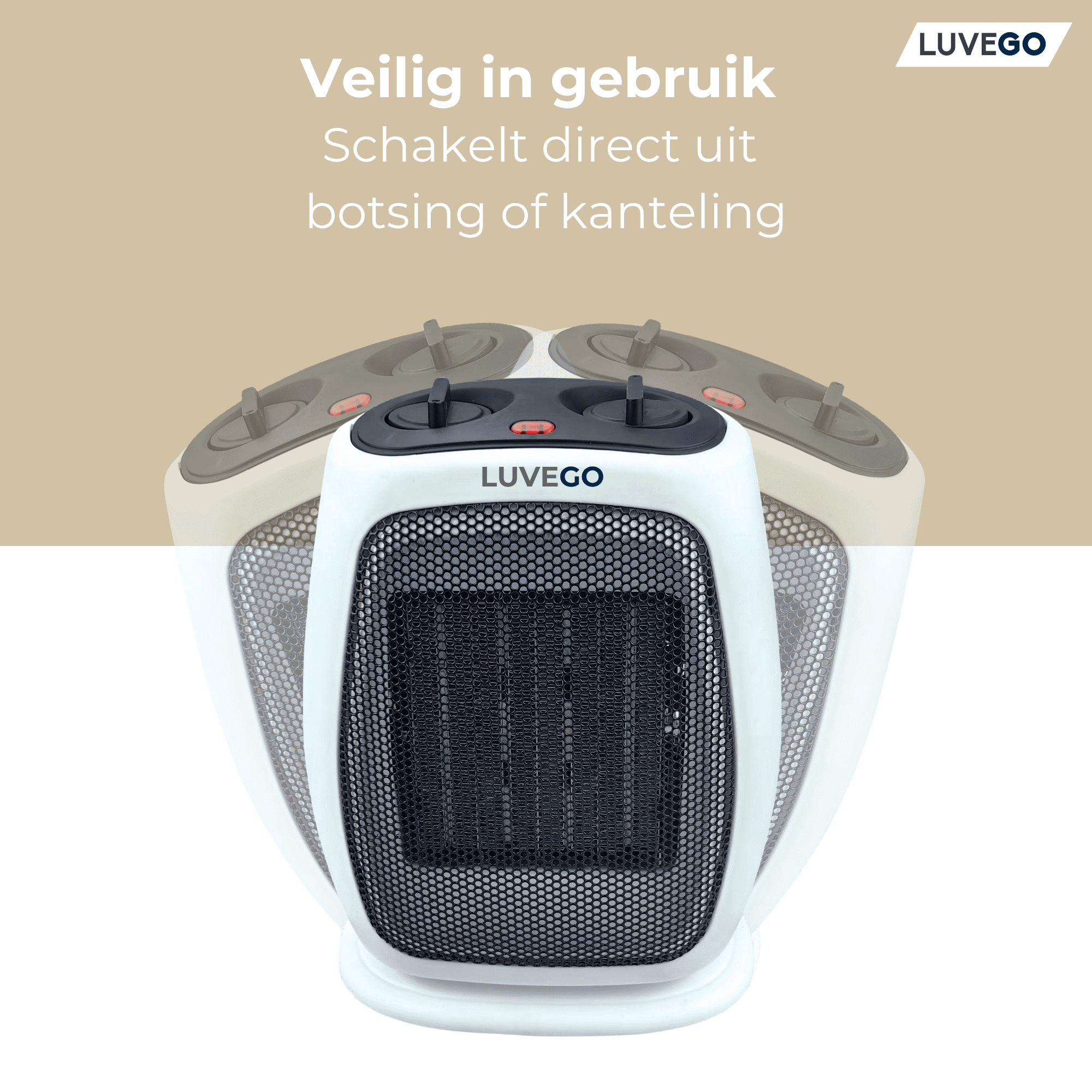 Witte elektrische kachel met zwarte grill, drie bedieningsknoppen. De merknaam is zichtbaar. Nederlandse tekst.