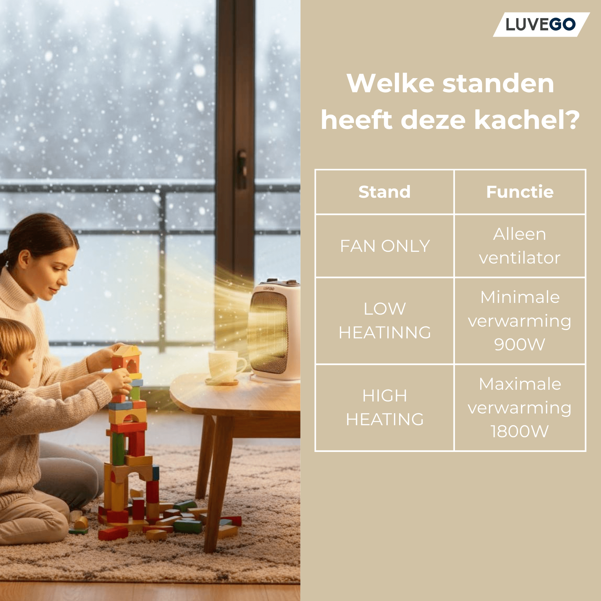 Een vrouw en een kind spelen met blokken bij een kachel. Buiten sneeuwt het. Een tafel met een kopje staat aan de zijkant.
