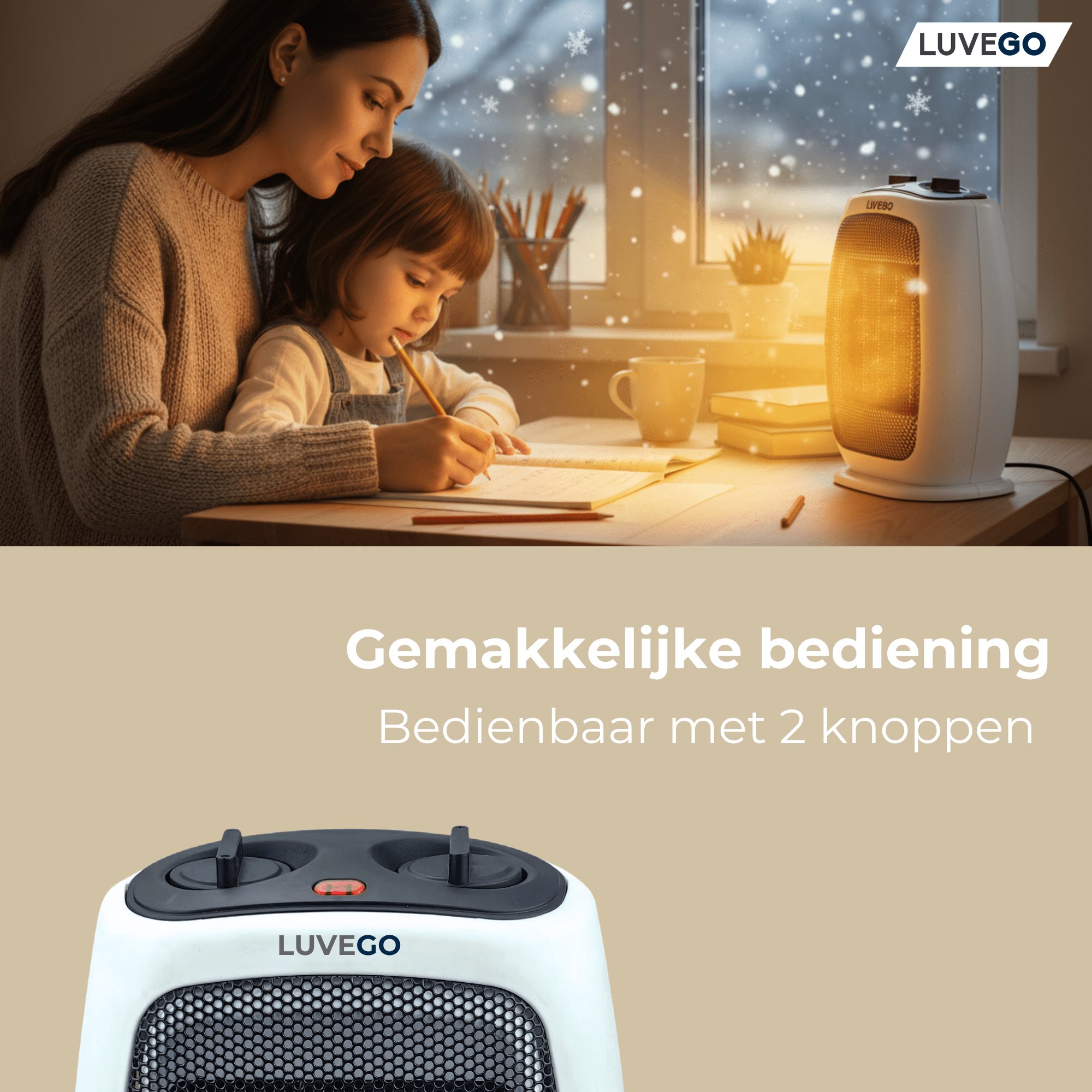 Een vrouw en kind schrijven bij een raam. Een witte kachel rechts. Sneeuwvlokken vallen buiten.