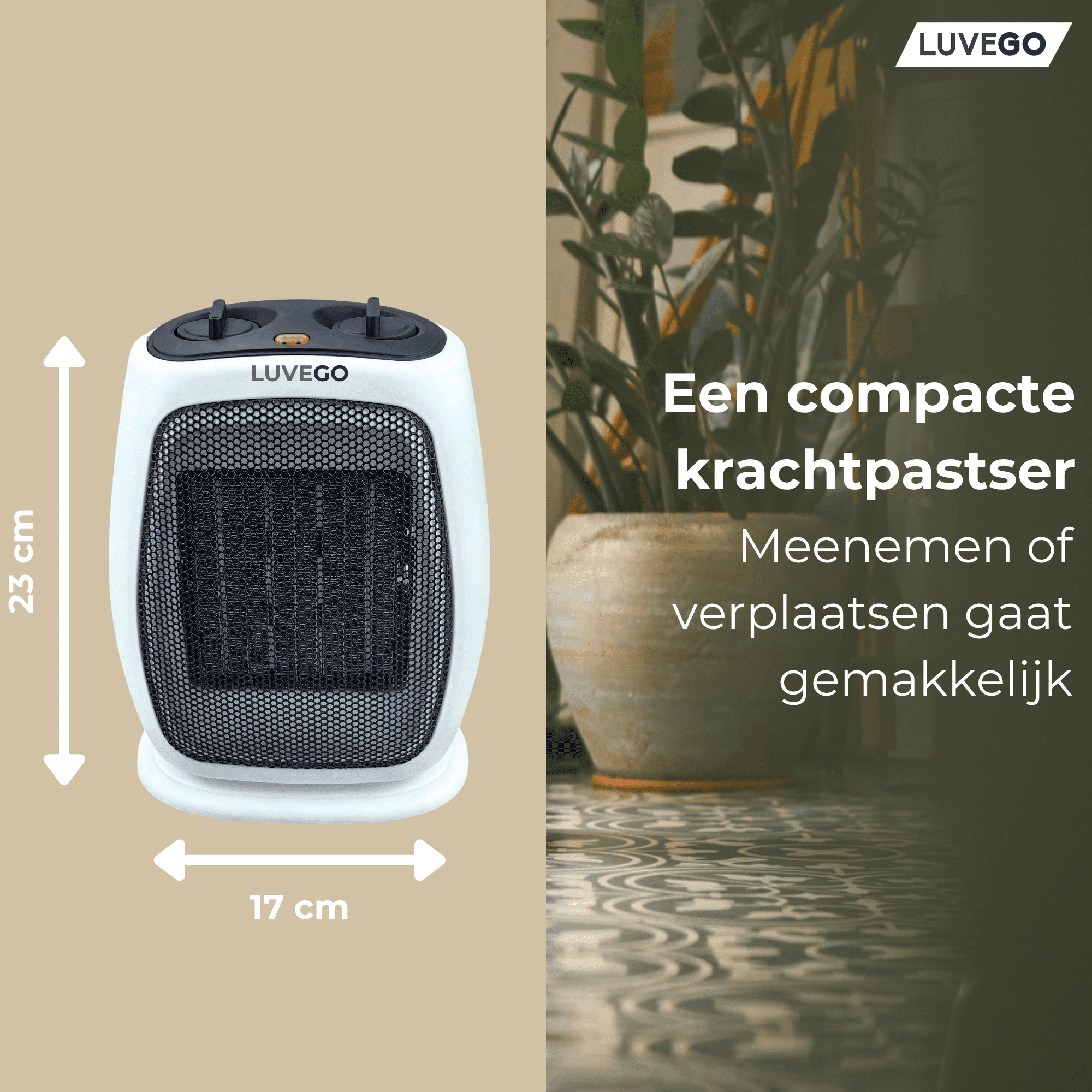 Witte elektrische kachel met zwarte grill. Afmetingen: 23x17 cm. Plant op de achtergrond. Tekst: compacte kachel, gemakkelijk te verplaatsen.