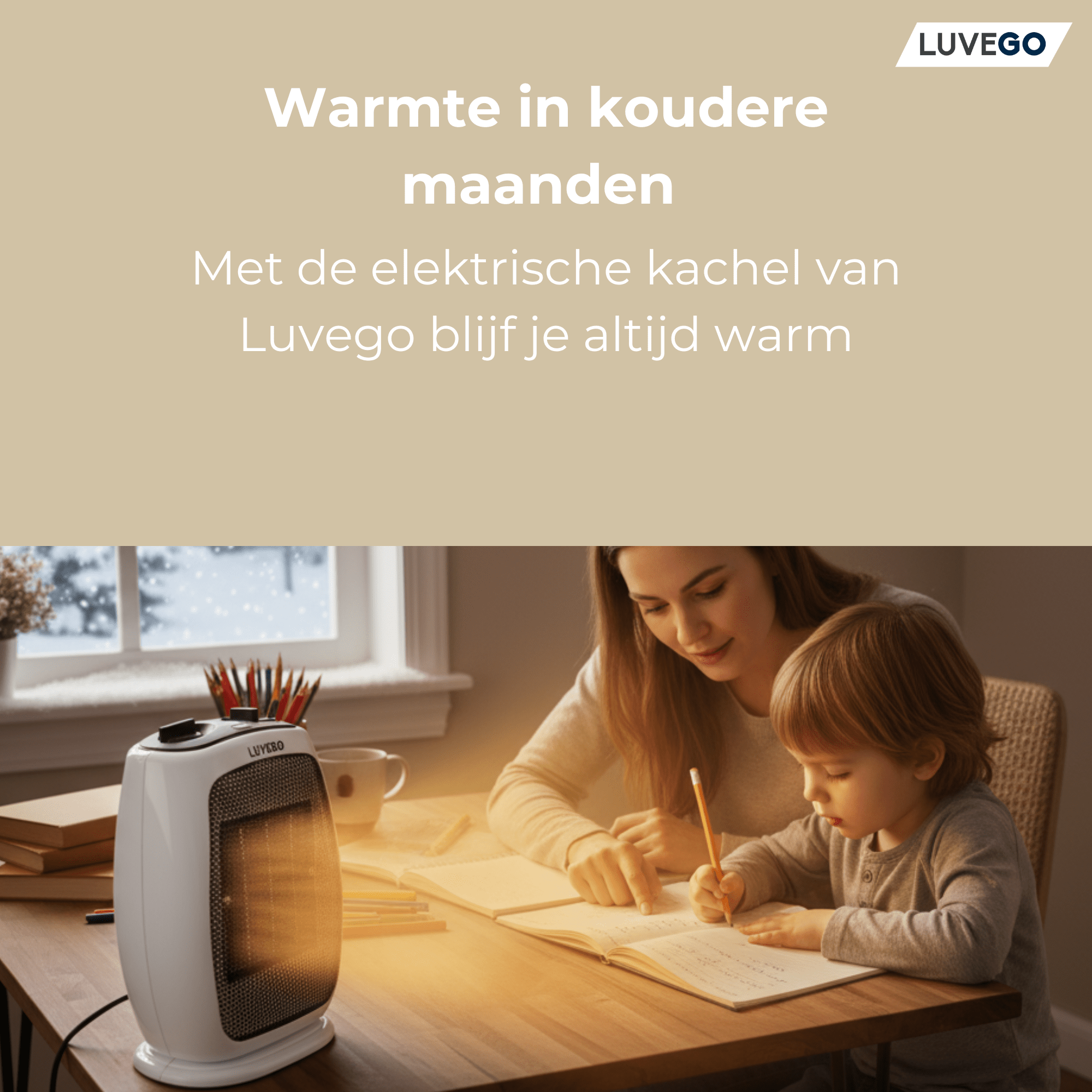 Een vrouw en een kind studeren aan een tafel naast een witte kachel. Buiten sneeuwt het.