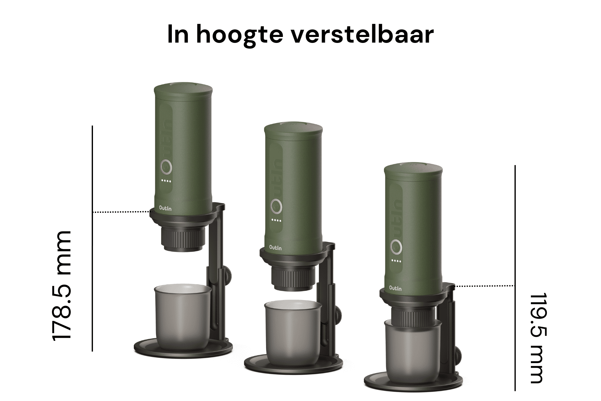 Trzy oliwkowozielone urządzenia z kubkami, regulowana wysokość. Wymiary są oznaczone. Tekst: In hoogte verstelbaar. Marka: Outin.