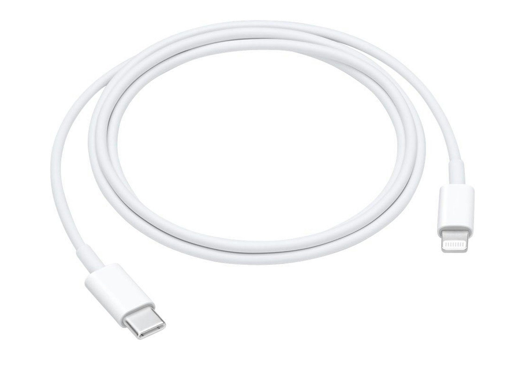 Un cavo bianco da USB-C a Lightning è arrotolato su uno sfondo bianco. I connettori sono a ciascuna estremità del cavo.