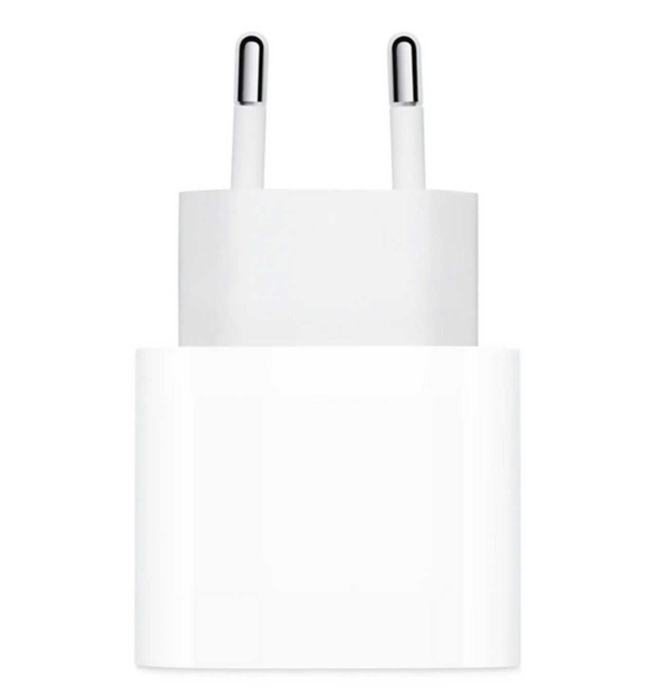 Un caricatore Apple bianco con due spinotti in alto. Il caricatore ha una base rettangolare e una sezione più piccola con gli spinotti.