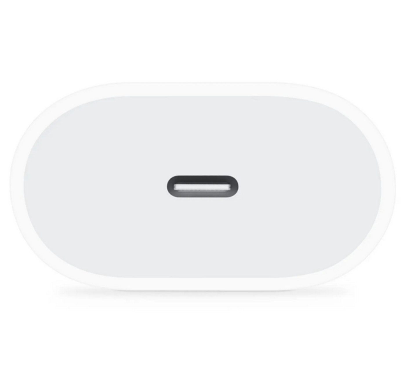 Un caricatore USB-C bianco, di forma ovale, con una porta nera. Ha un bordo bianco e un design liscio e pulito.
