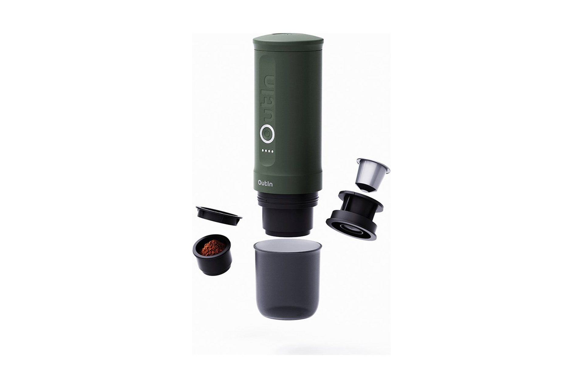 Widok z rozbiciem ciemnozielonego cylindrycznego ekspresu do kawy. Komponenty: kubek, filtr i uchwyt na kawę.