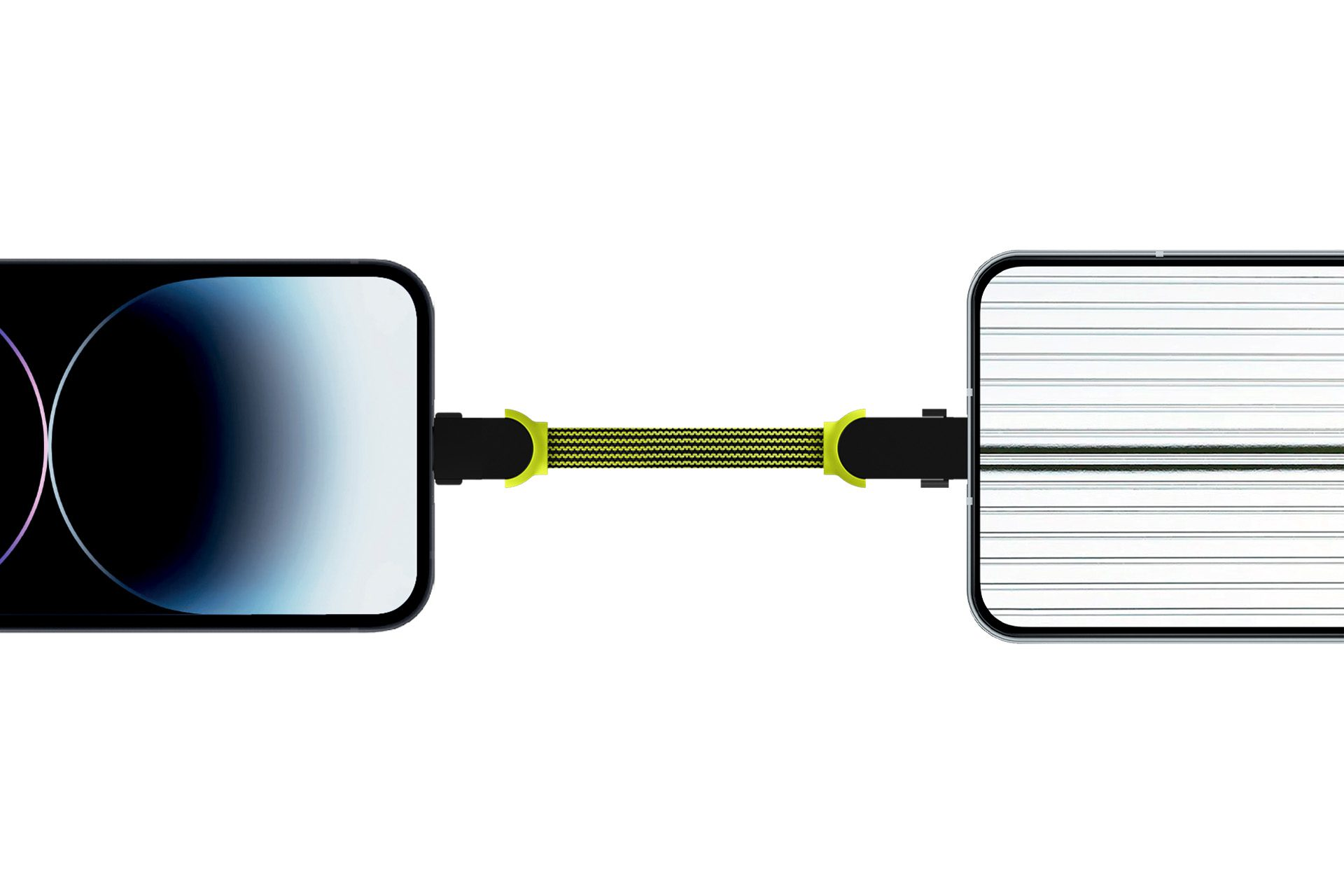 Twee smartphones verbonden door een gele en zwarte kabel. Eén scherm is zwart en blauw, de andere is wit met lijnen.
