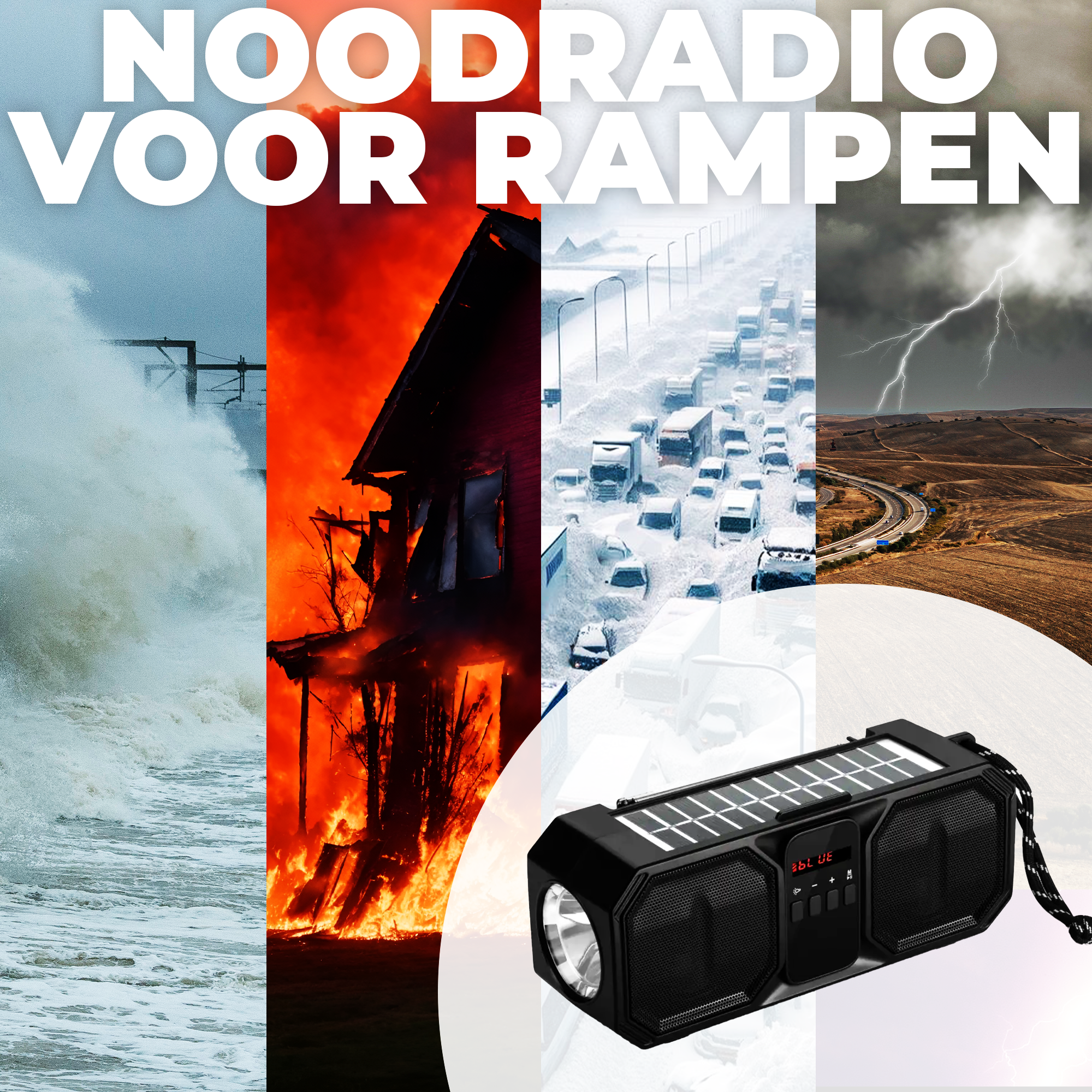 Obraz przedstawia katastrofy: fala, ogień, śnieg, burza. Radio na pierwszym planie.