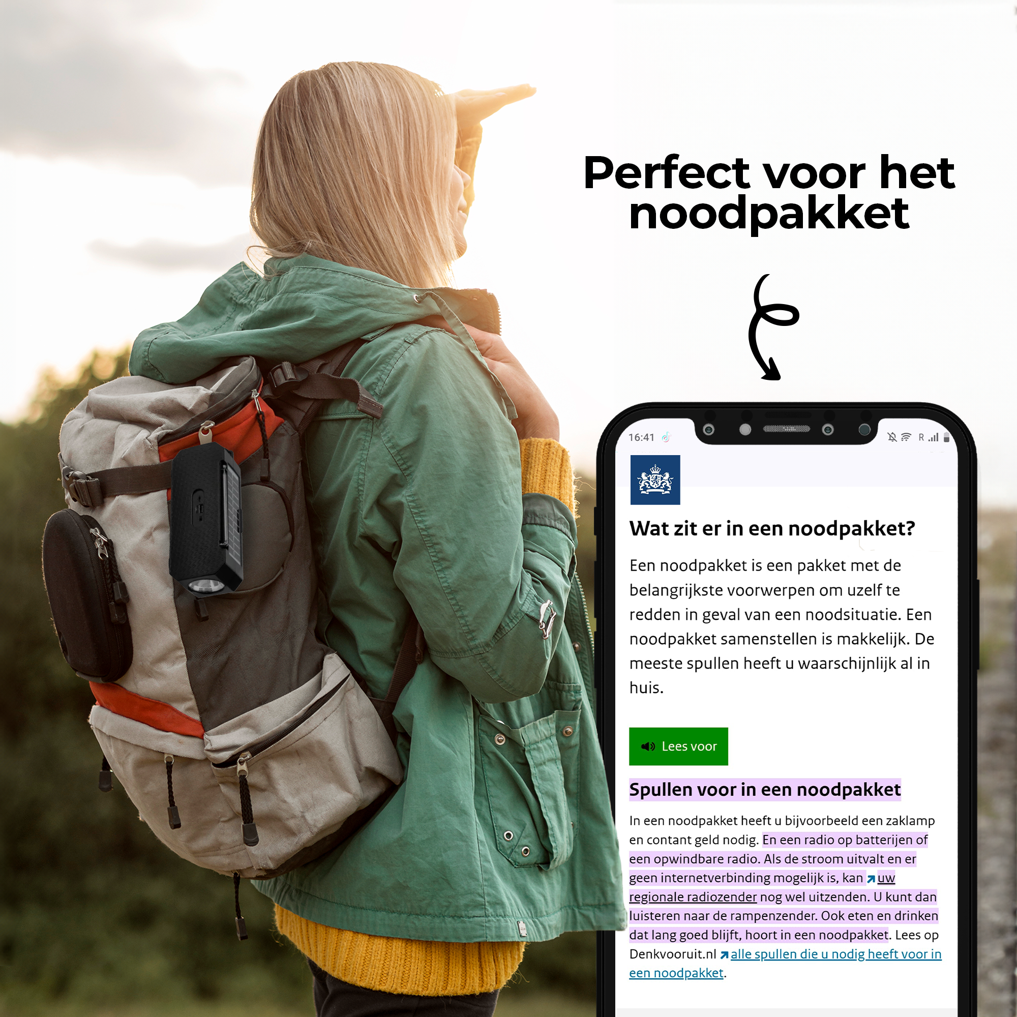 Kobieta z plecakiem patrzy na horyzont. Telefon wyświetla informacje o zestawach ratunkowych. Czarna latarka wisi na torbie.