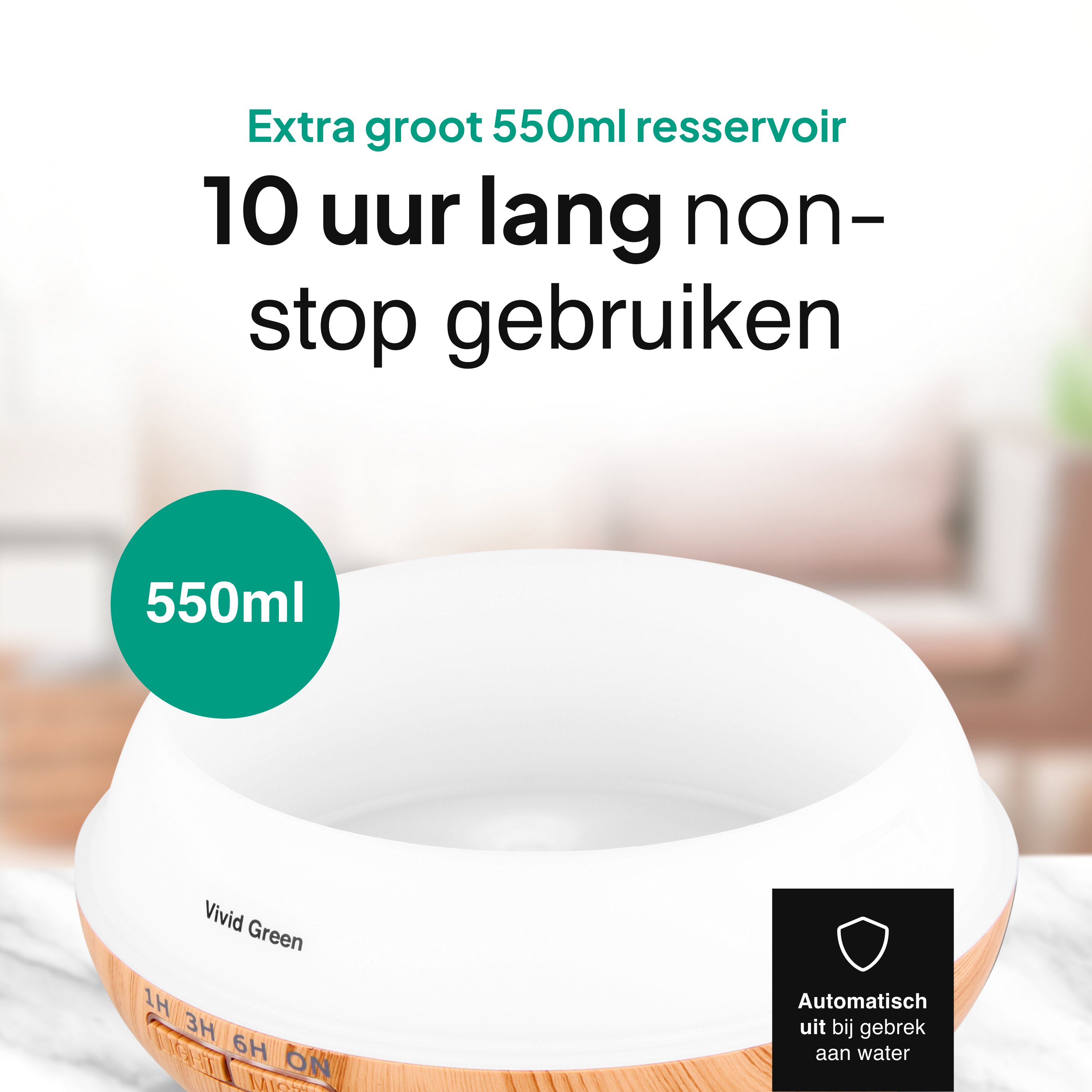 Een wit en bruin diffusor met tekst, een groene cirkel met 550 ml en de tekst '10 uur lang non-stop gebruiken'.