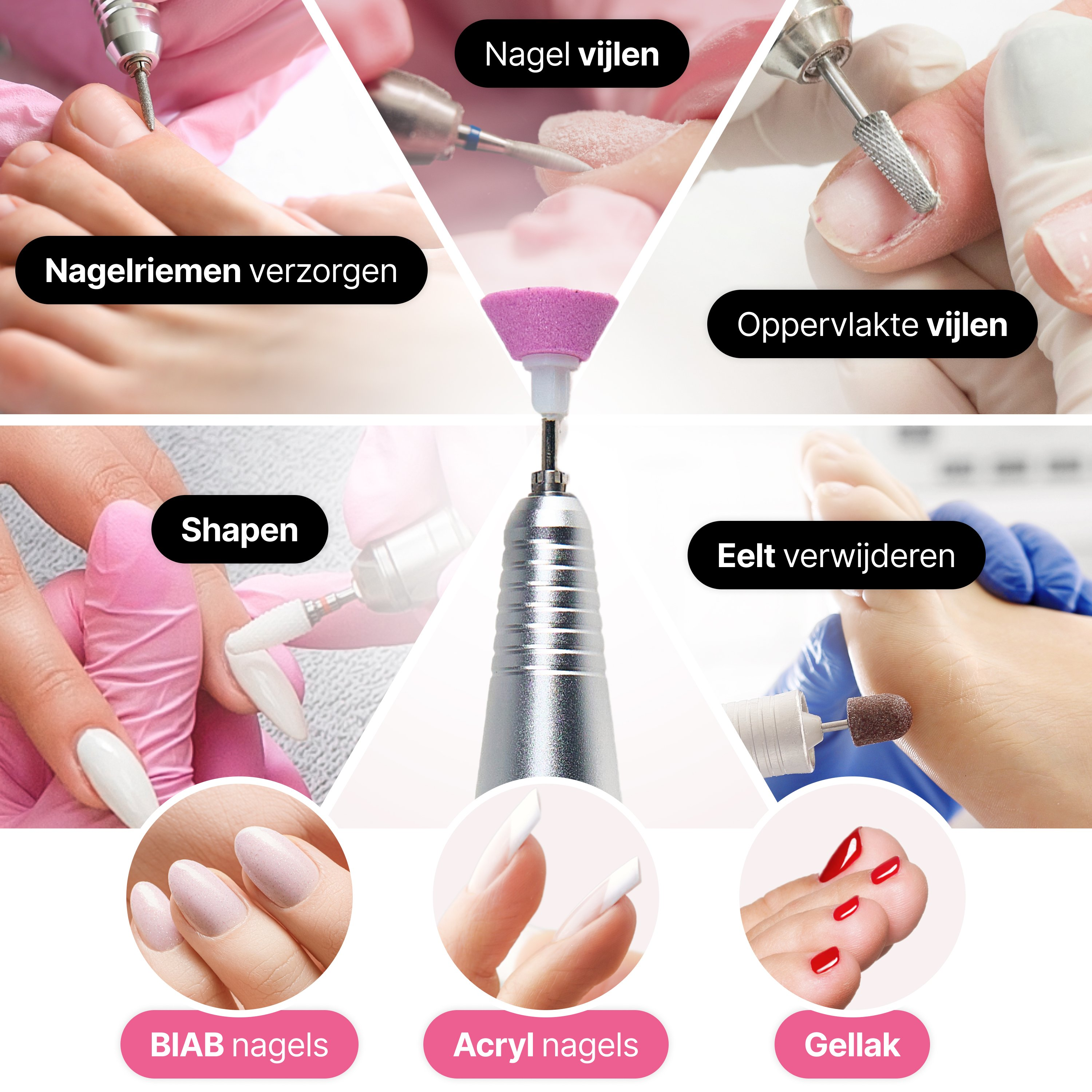 Image shows nail care steps. Tools are used to shape, file, and remove elements from nails. Different nail types are shown.