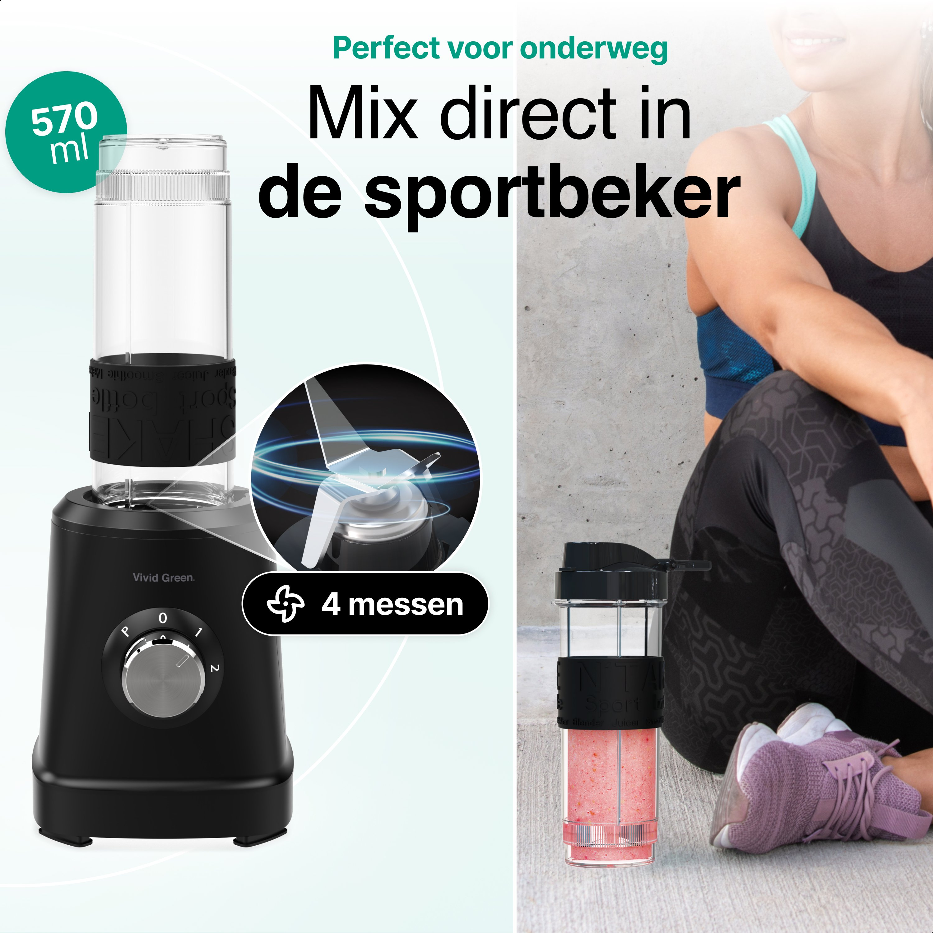 A blender with a 570 ml capacity, with a woman in the background. A blender cup is filled with pink smoothie.