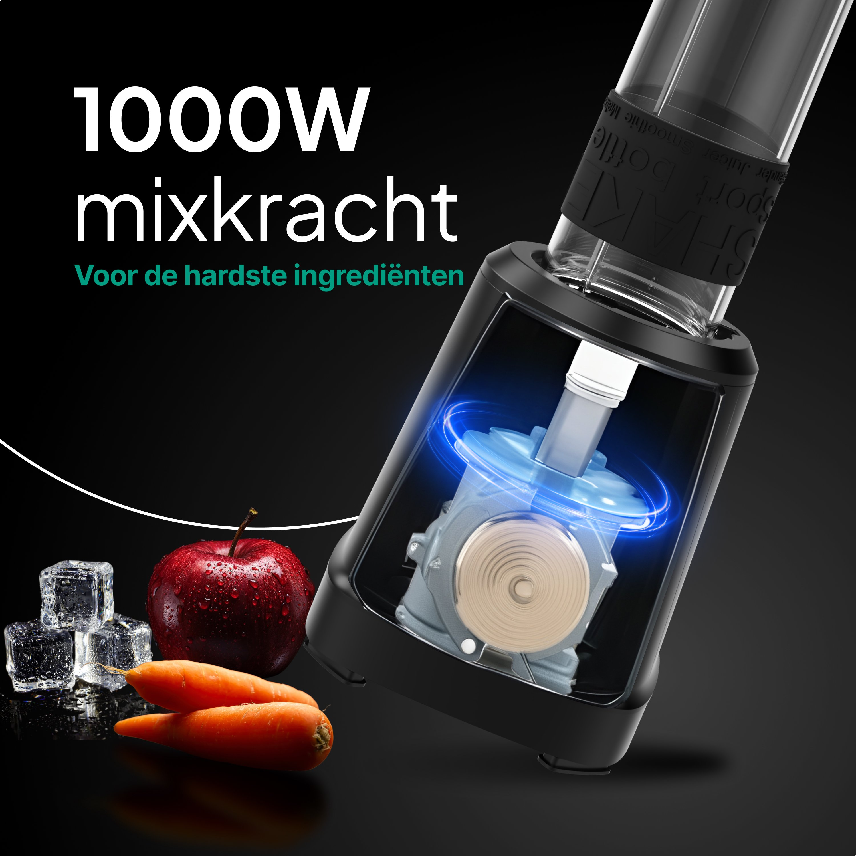 A blender with a transparent container. An apple, carrots, and ice cubes are on the lower left. Text: 1000W mix power.