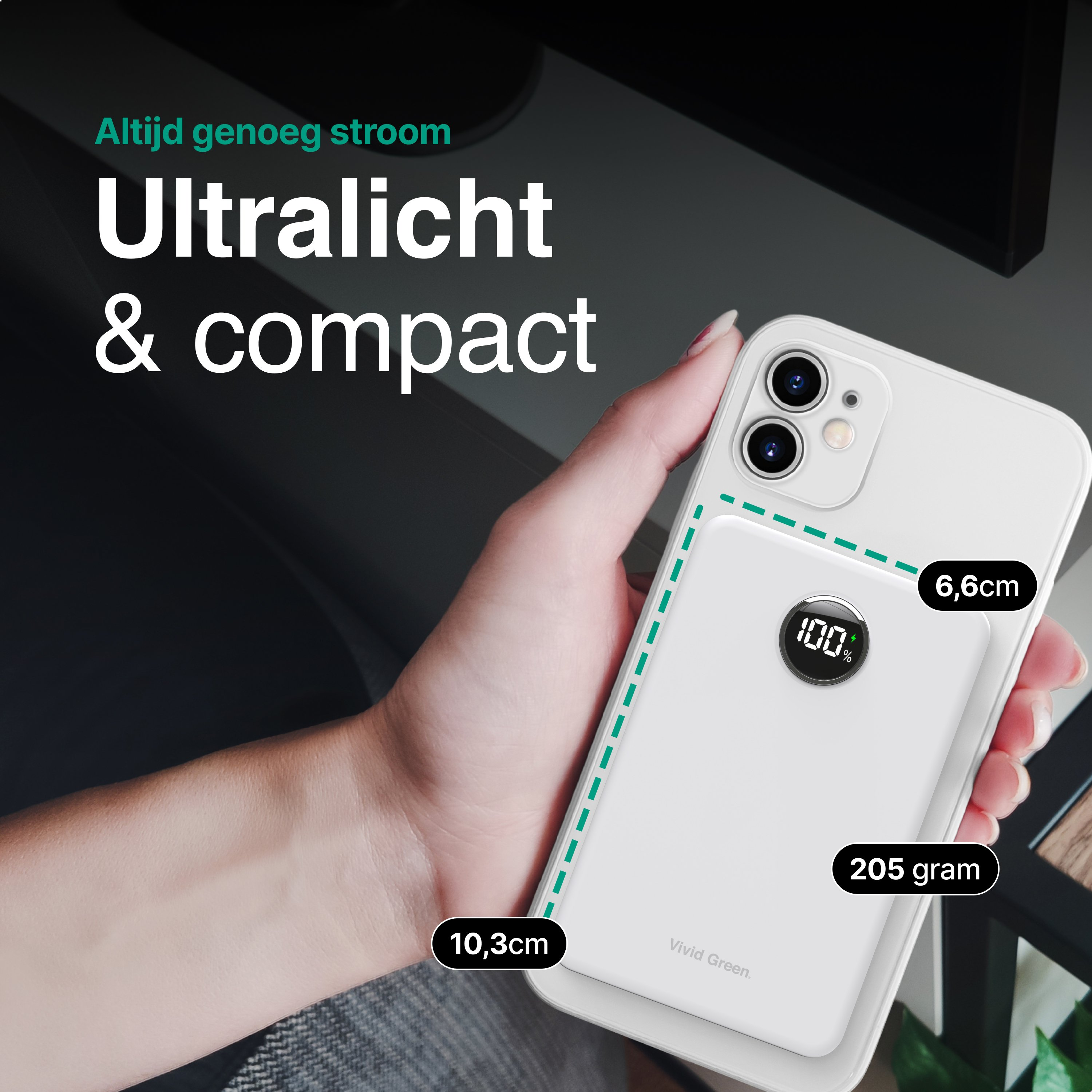 Une main tient un téléphone blanc avec une banque d'alimentation. Le texte dit 'Ultraléger et compact'. Les dimensions et le poids sont affichés.