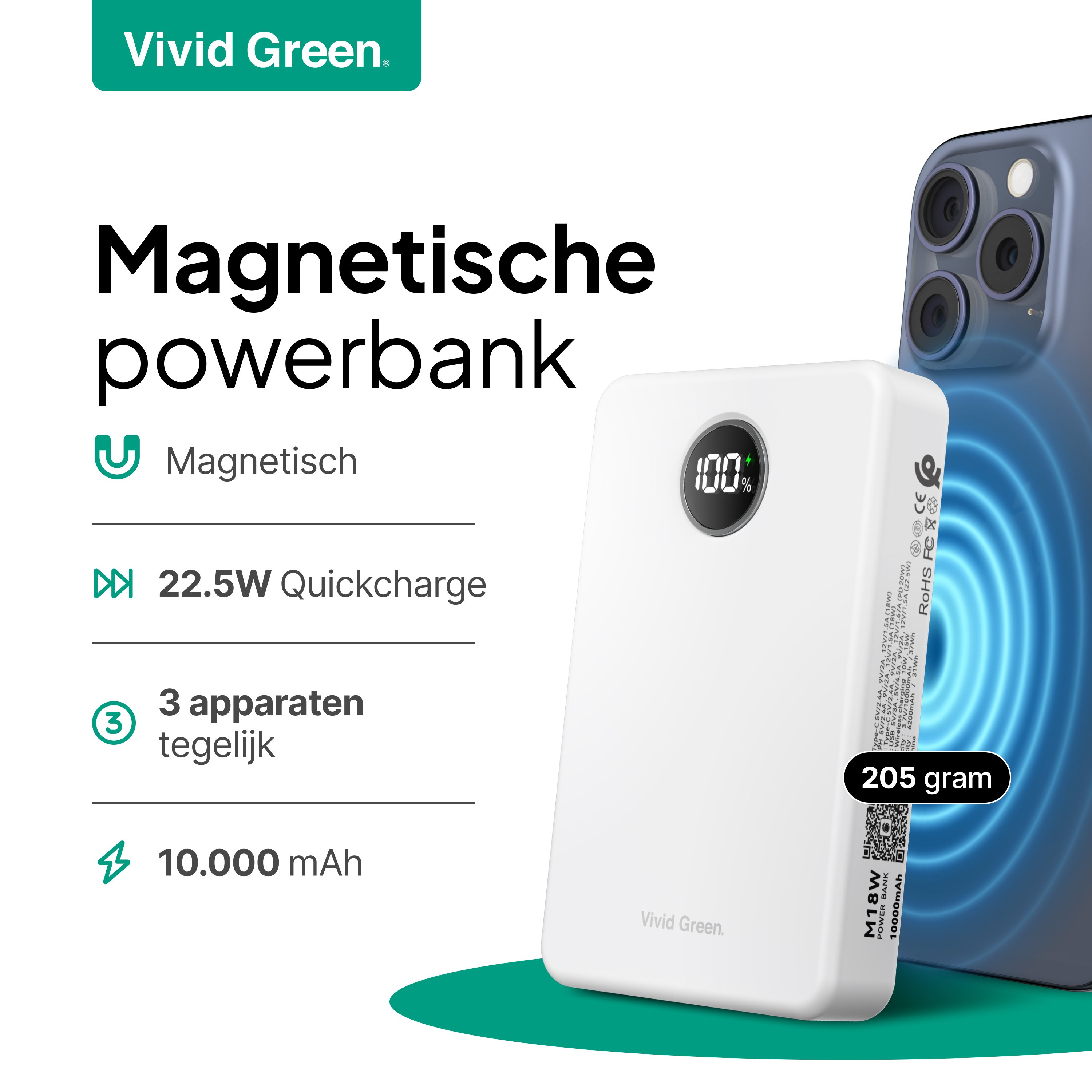 Batterie externe blanche avec un téléphone en arrière-plan. Comprend 10 000 mAh, magnétique et charge rapide 22,5 W.