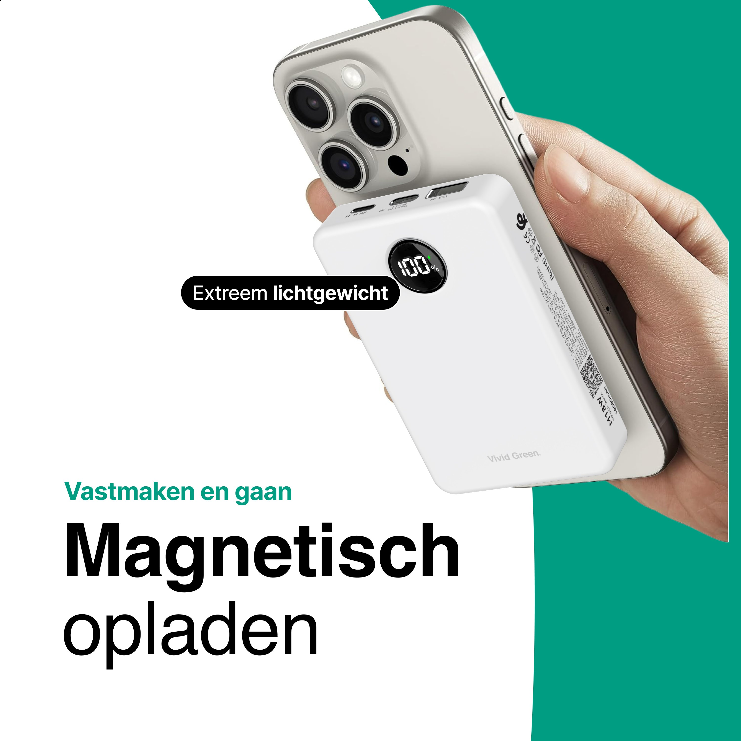 Une main tient une banque d'alimentation blanche et un téléphone. La banque d'alimentation affiche 100%. Texte: Charge magnétique.