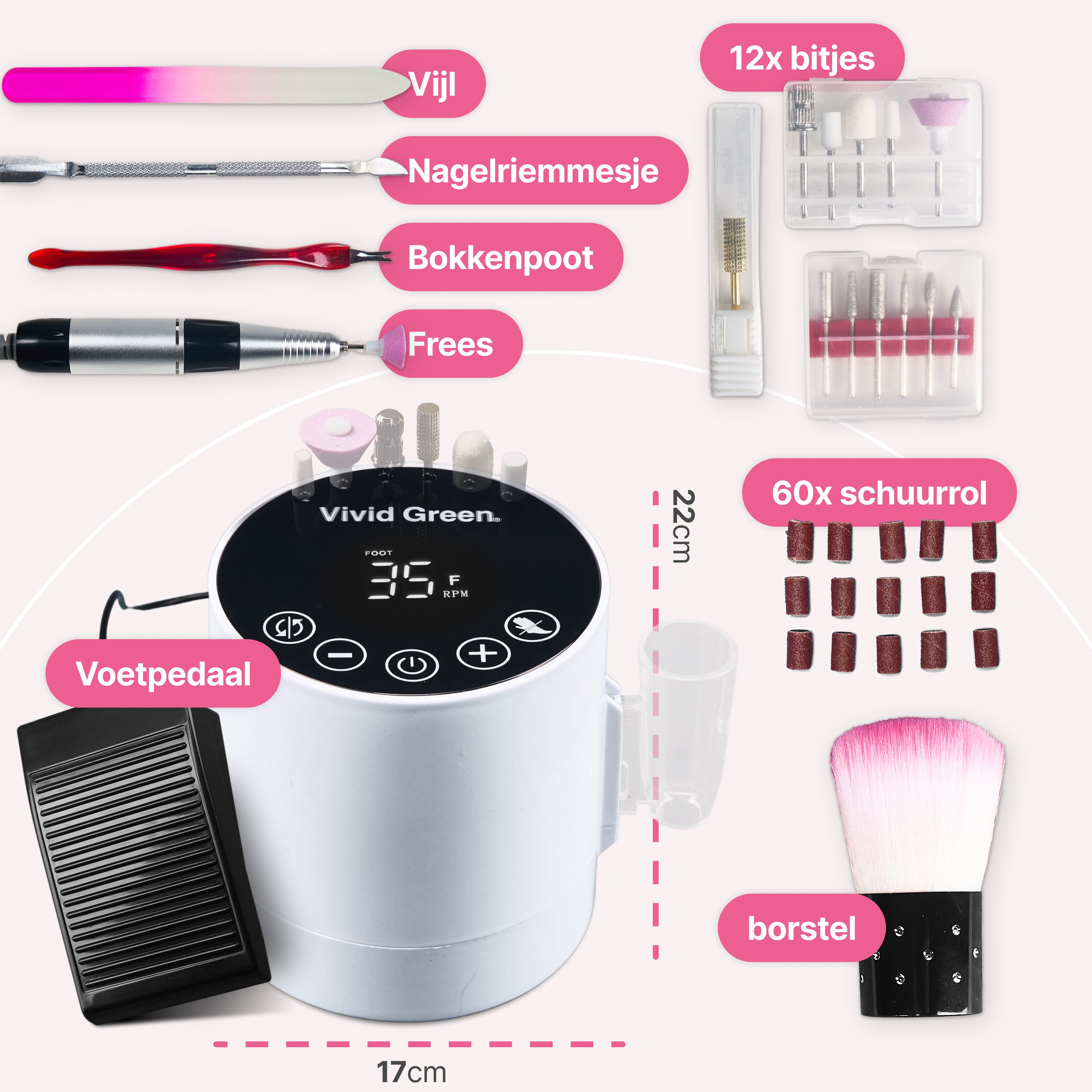 Nail care set with tools, foot pedal, and drill. Includes files, bits, and a brush, all on a pink background.