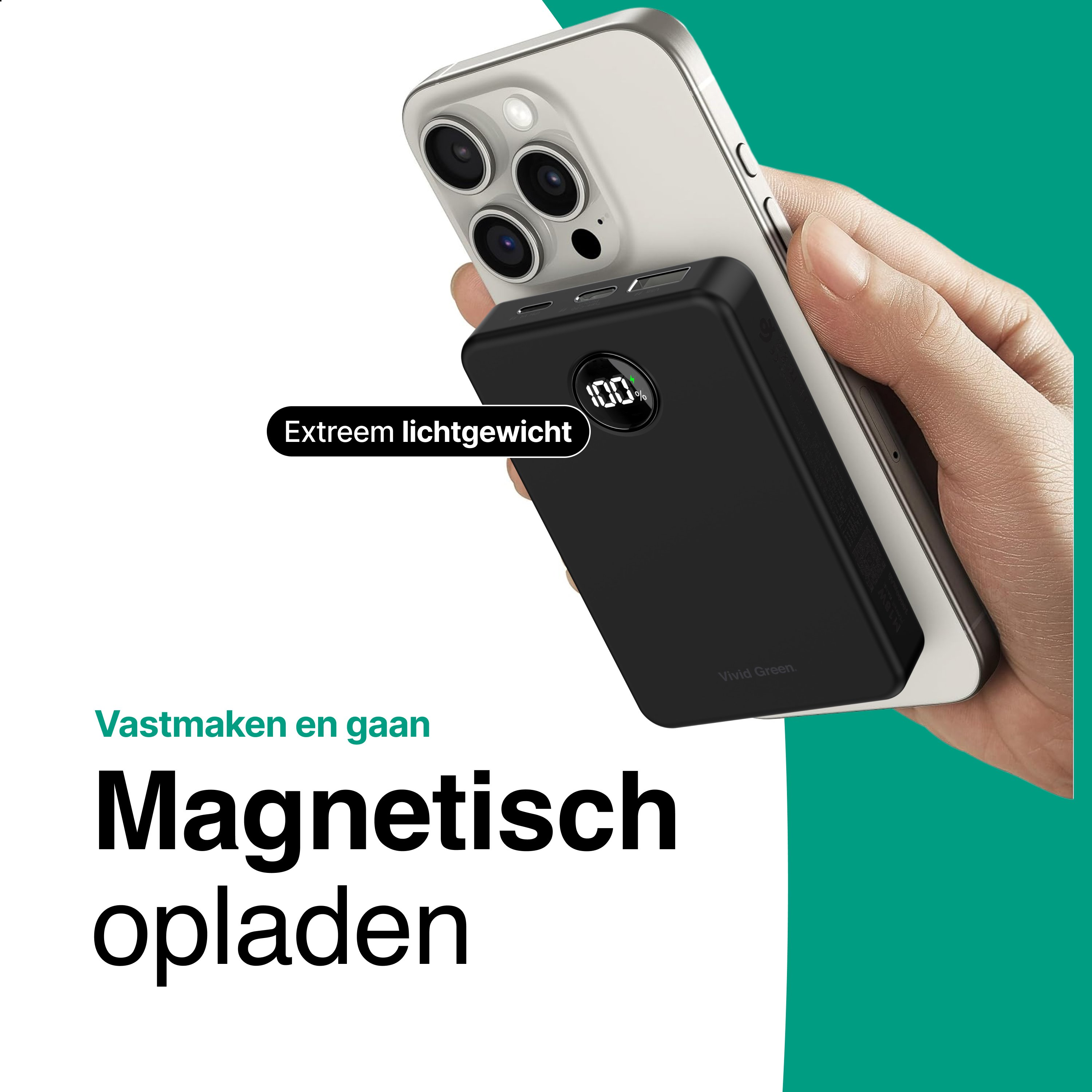 Un téléphone se chargeant avec une batterie externe noire, tenu par une main. Le texte dit 'Magnetisch opladen'.