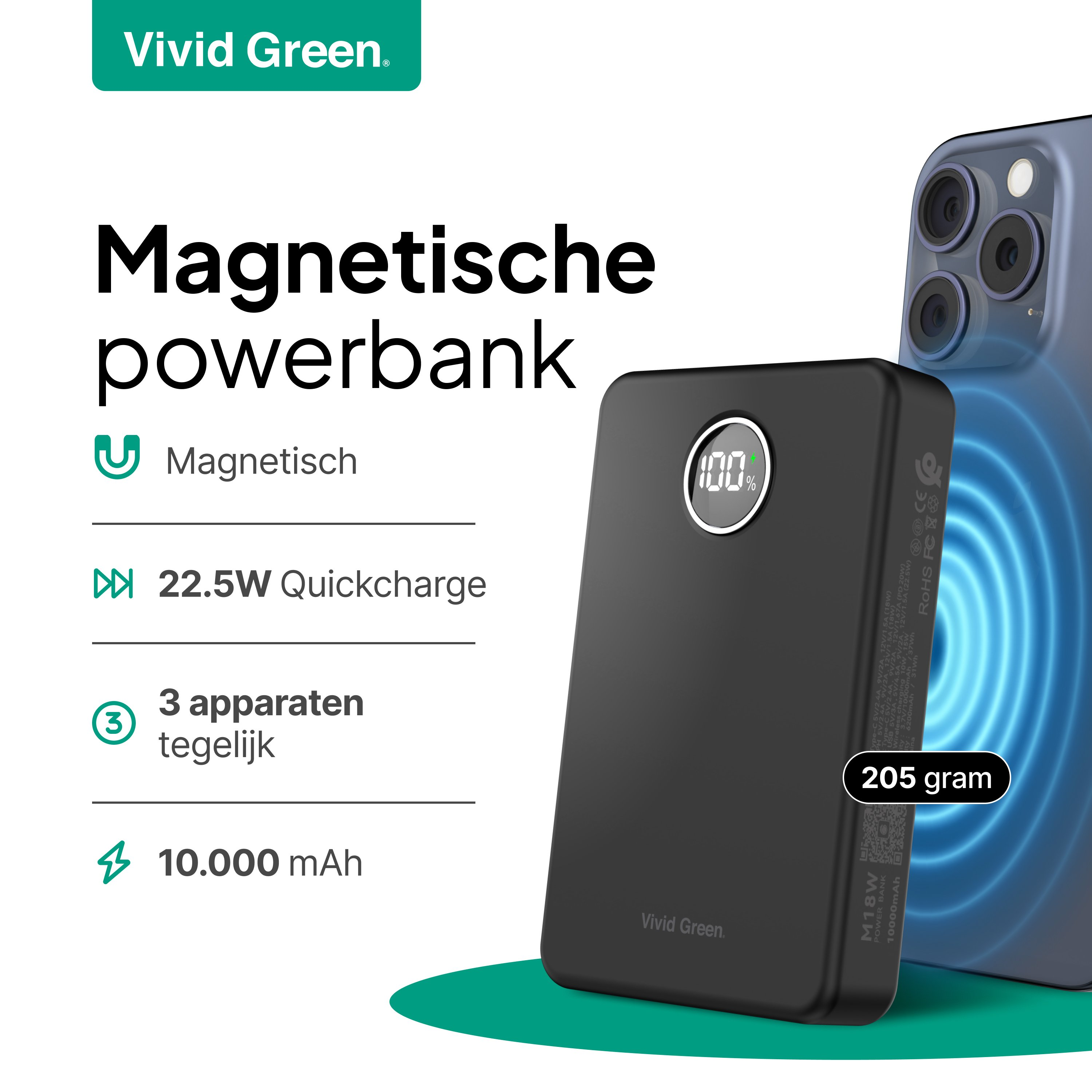 Batterie externe noire avec téléphone. Texte : powerbank magnétique, 22,5W, 10 000 mAh, 205 grammes.